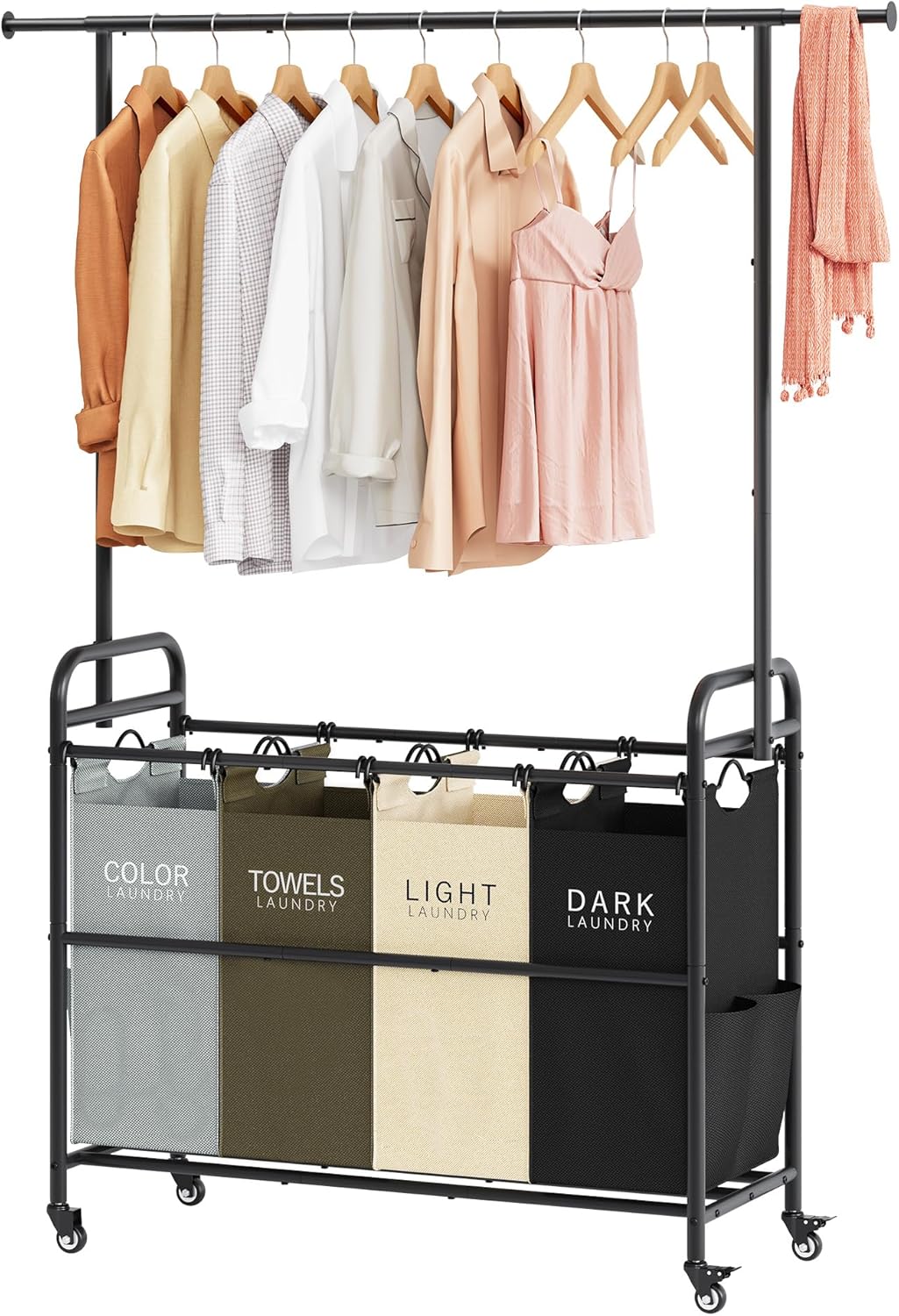 Tajsoon Laundry Sorter Cart with Hanging Rack and Wheels