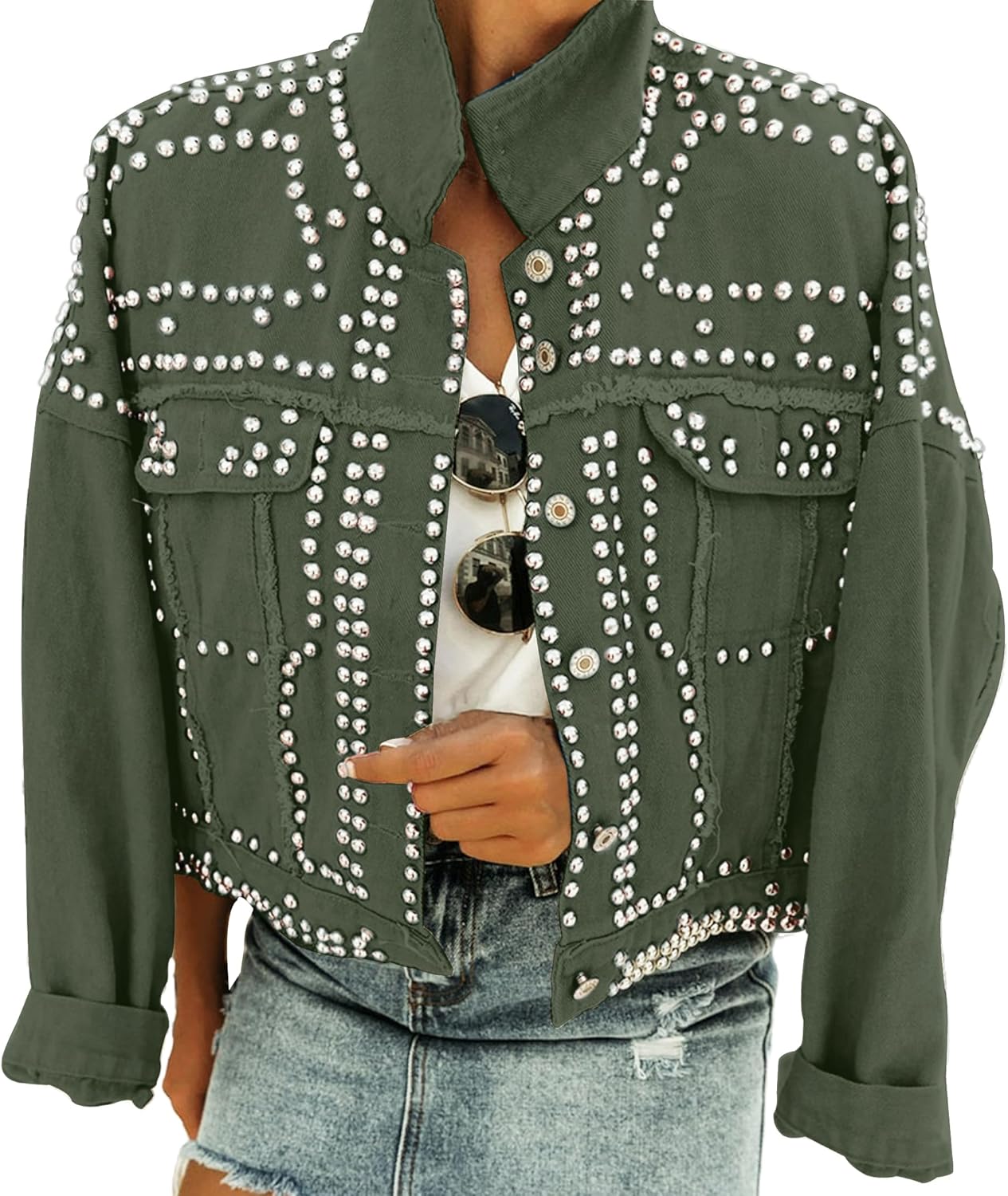 Omoone Women's Long Sleeve Rivet Studded Denim Jacket