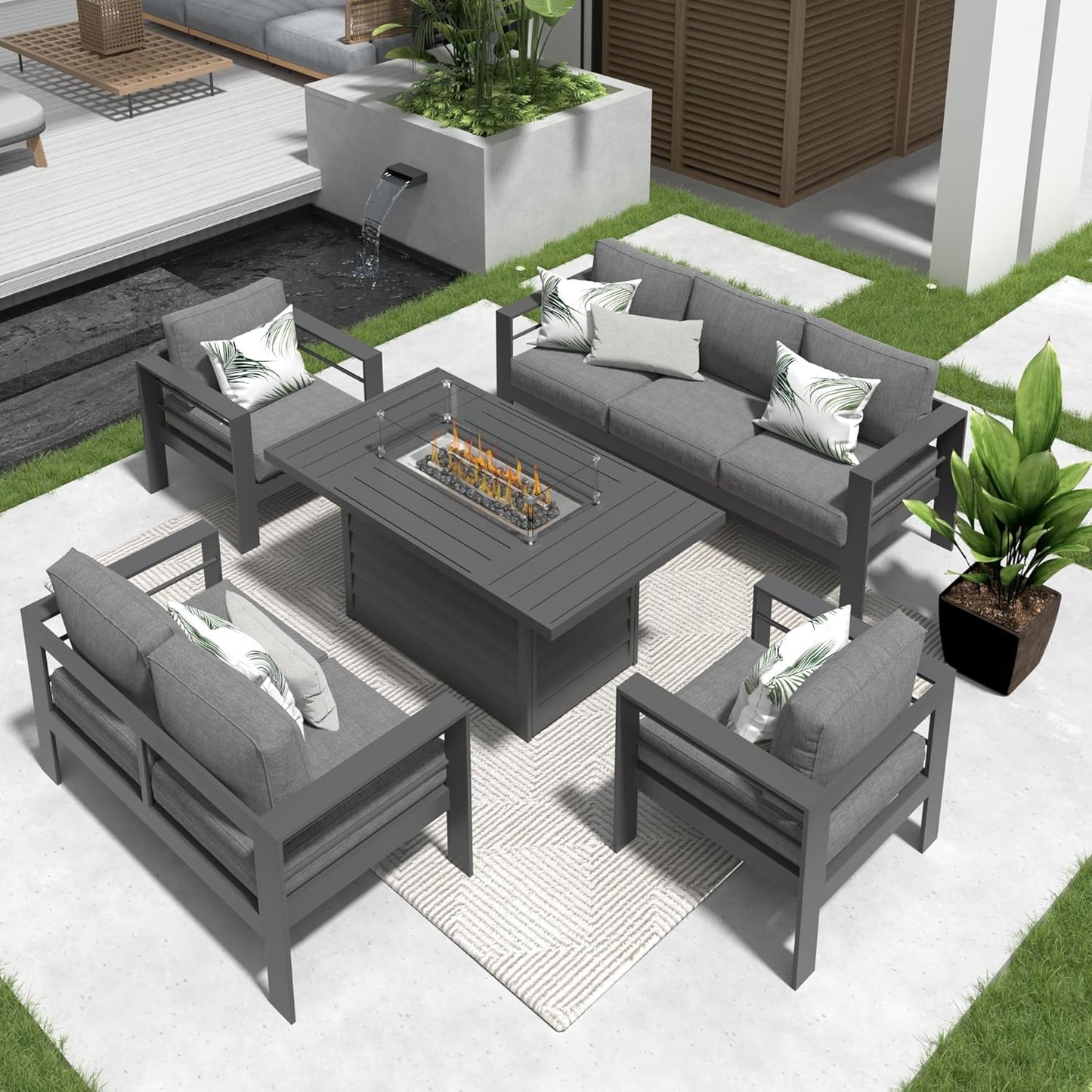 Solaste Aluminum Patio Furniture Set with Fire Pit Table for 7