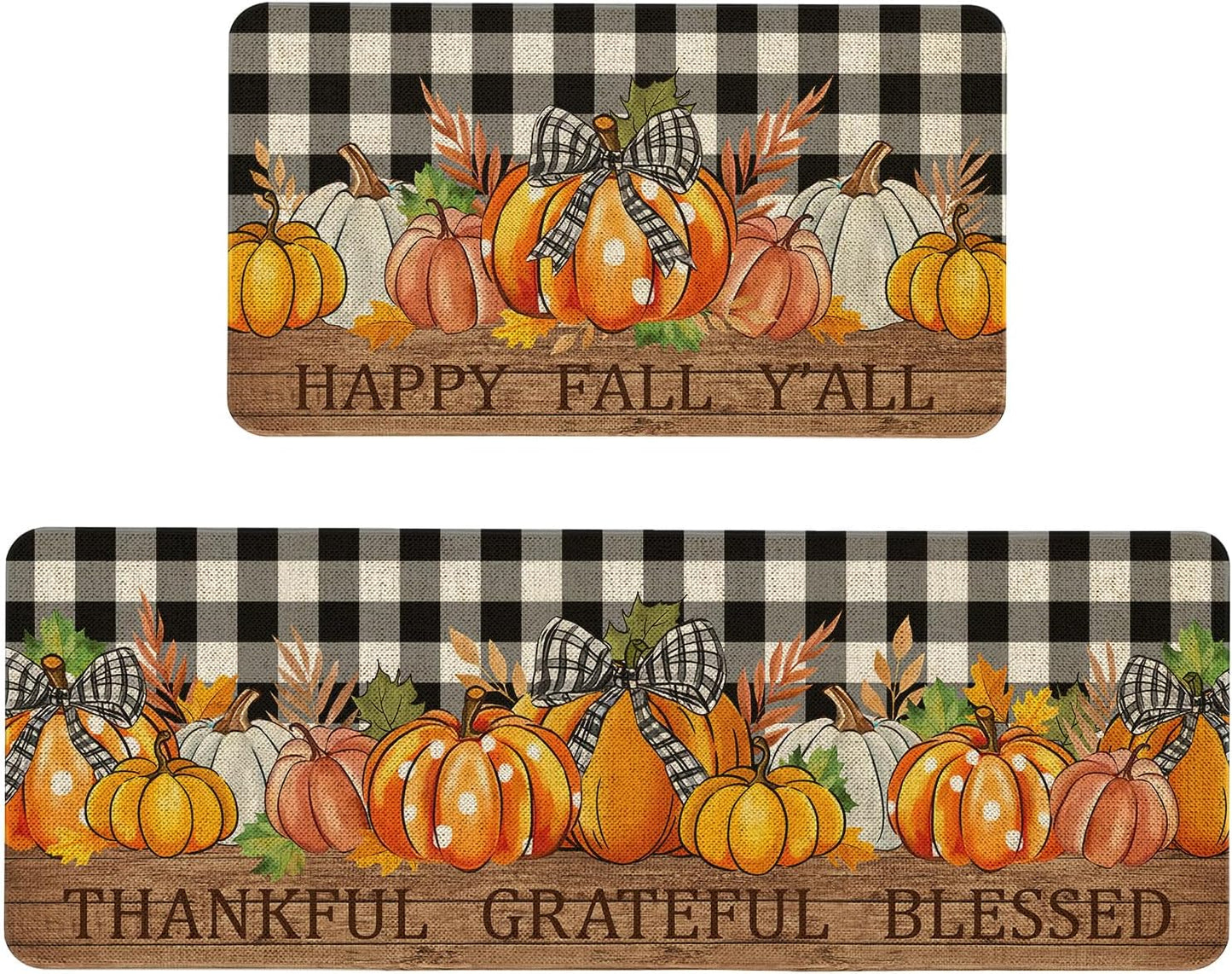 Fall Pumpkin Kitchen Mats Set of 2 Non Slip for Autumn Decor