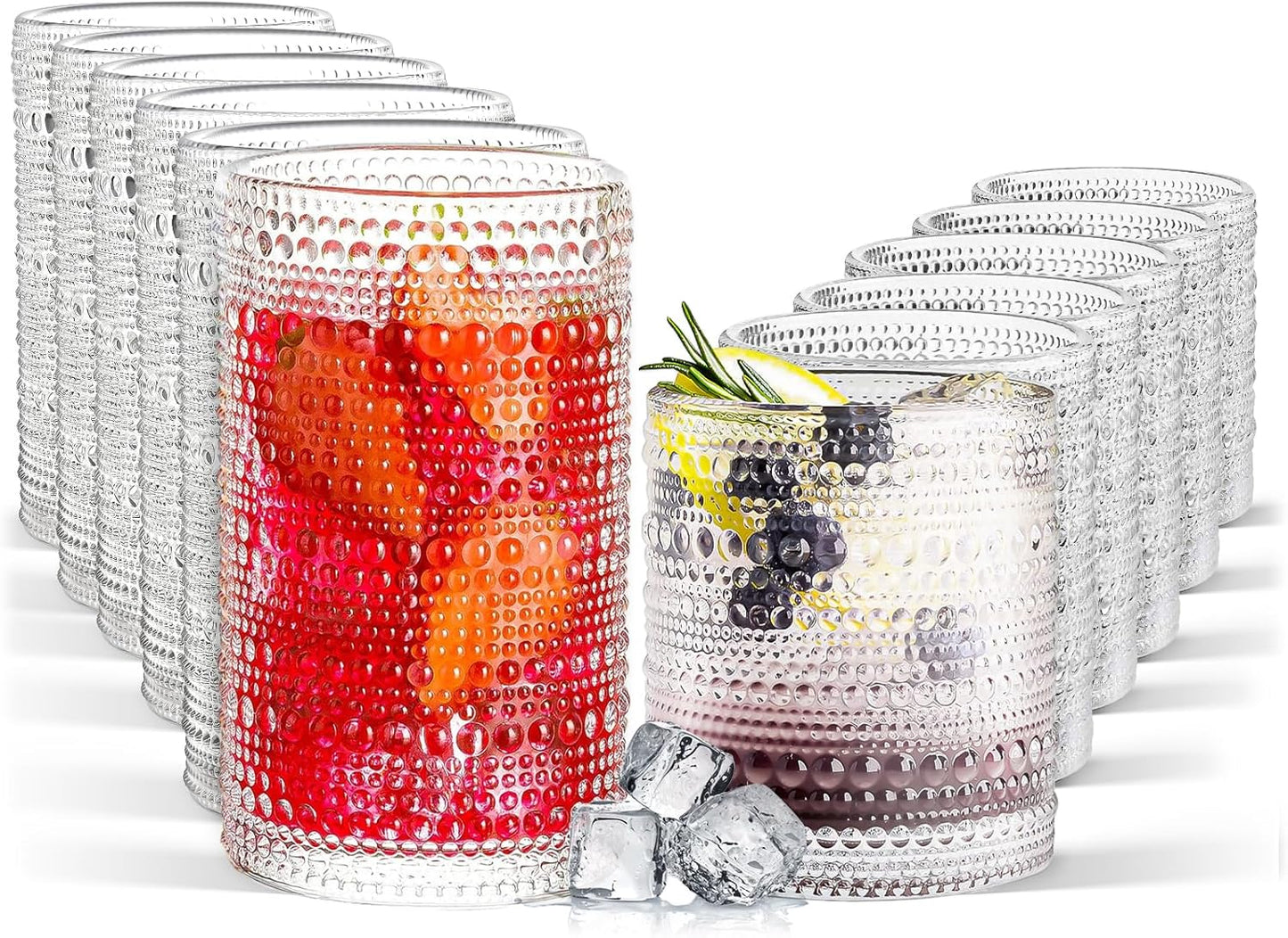 Hobnail Drinking Glasses Set of 12 for Vintage Style Drinks