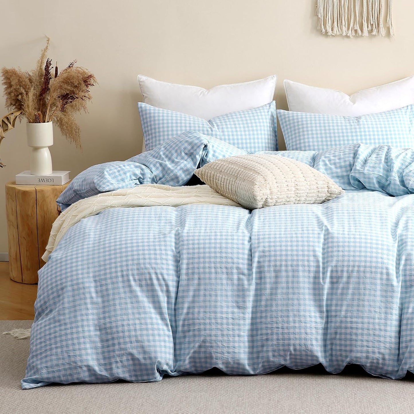TOCOMOA Light Blue Gingham Duvet Cover Set for Cozy Bedrooms