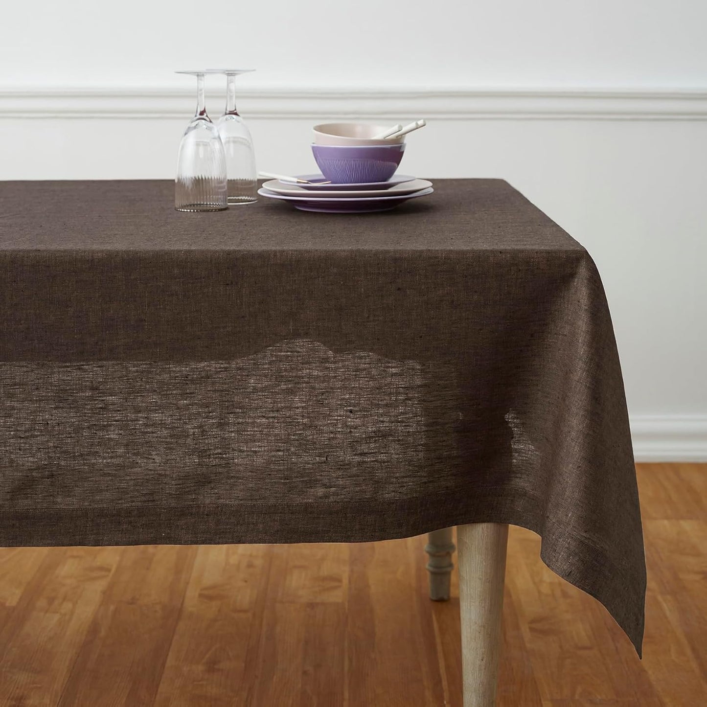 Pure Linen Chambray Brown Tablecloth 60 x 90 Inch for Fall
