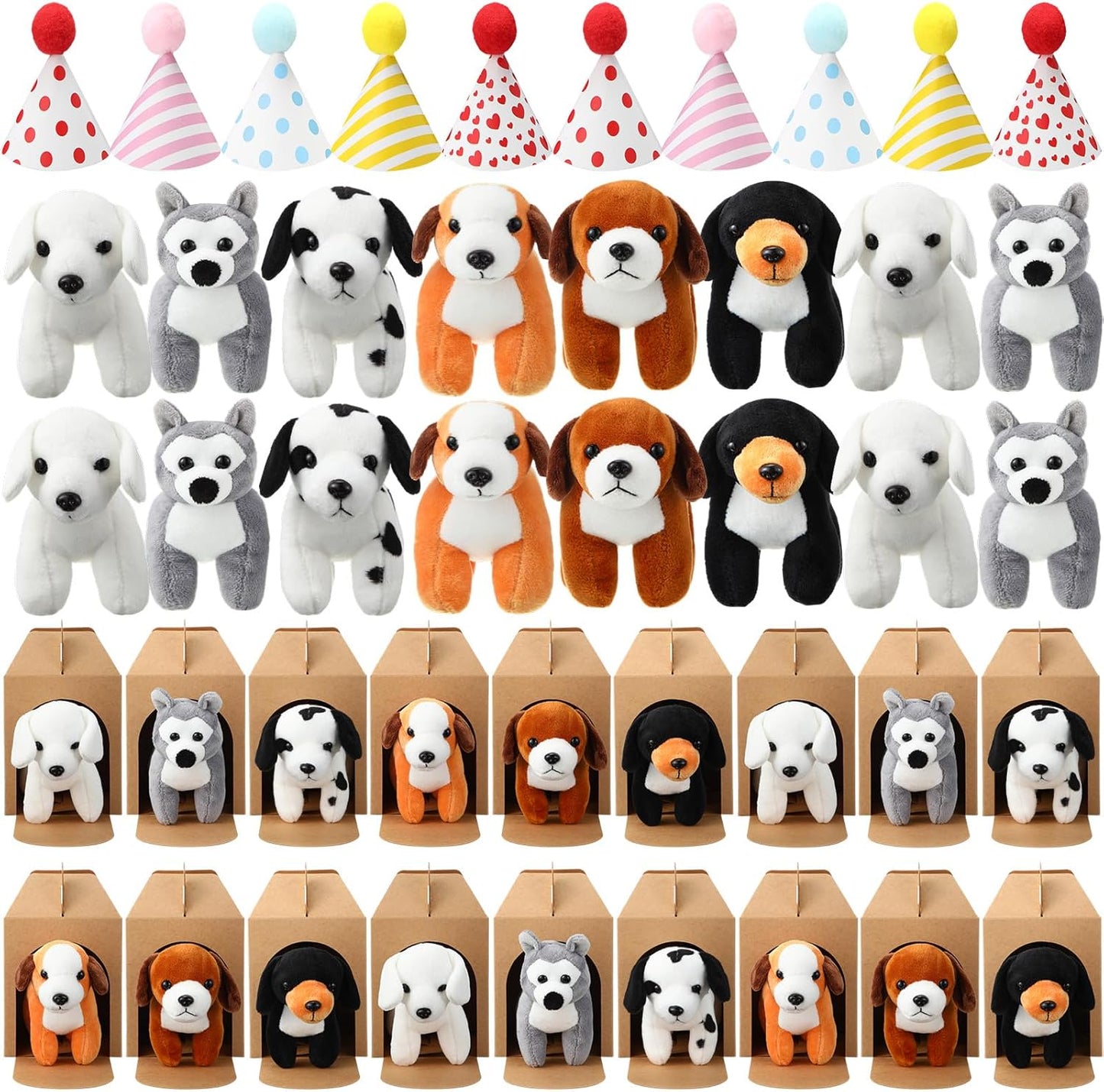 20 Pcs Mini Plush Toy Stuffed Dogs Set with Birthday Hats