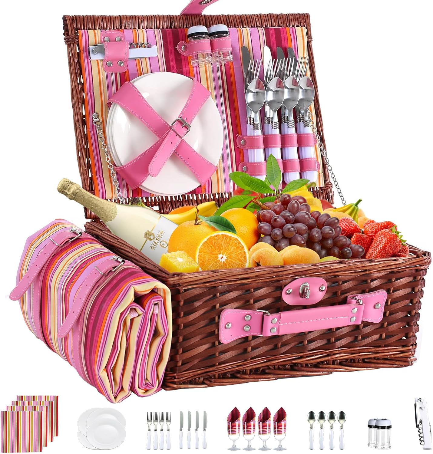 Picnic Basket Set for 4 with Waterproof Blanket and Insulation