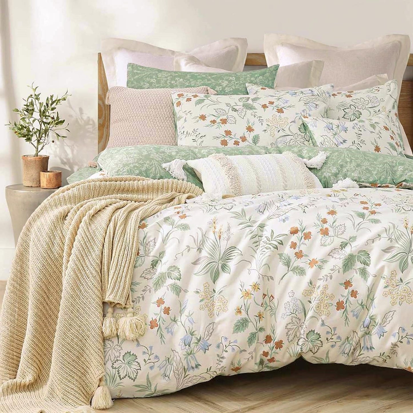Natural Cotton Botanical Comforter Set Twin Size with Flowers
