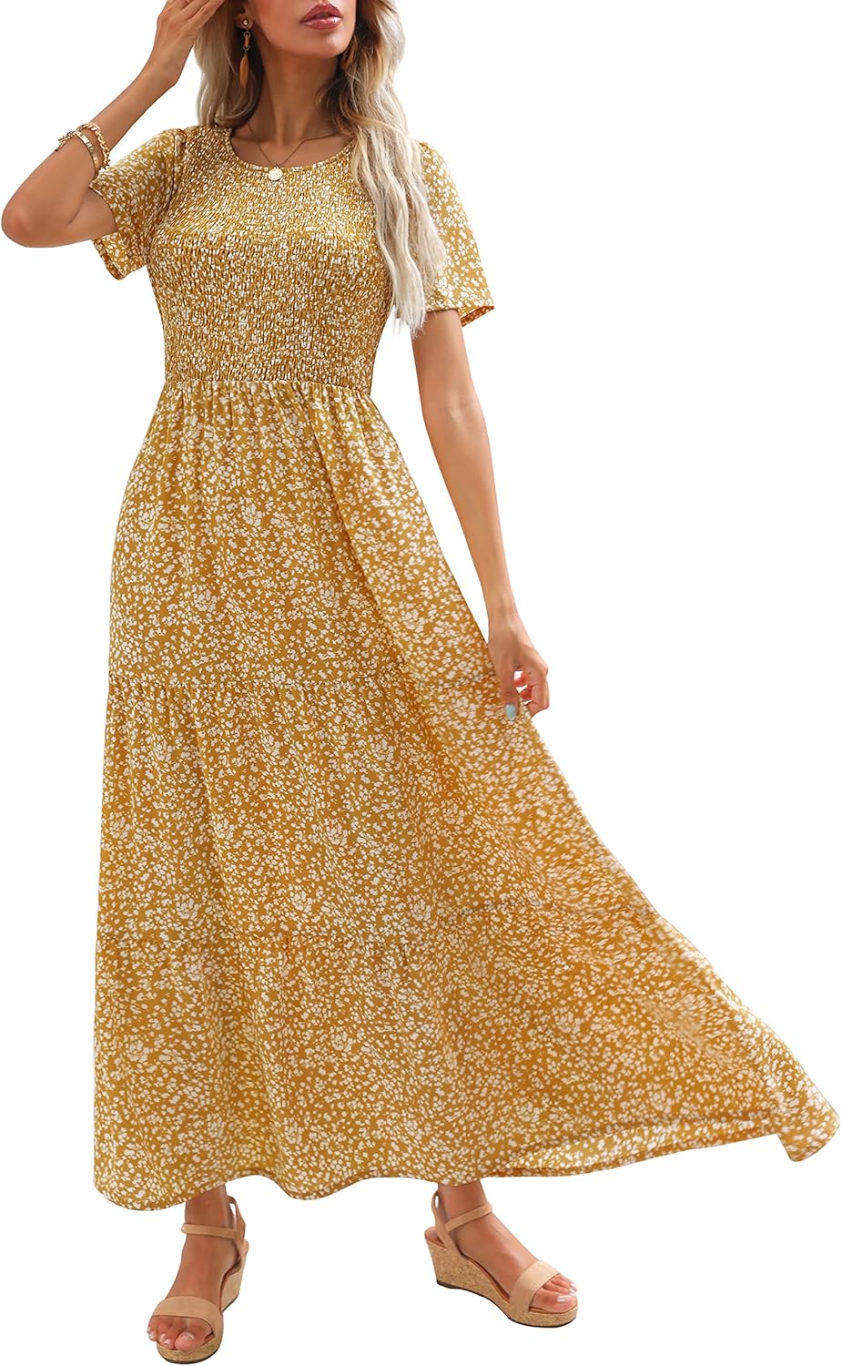 Maggeer Womens Smocked Maxi Dress for Summer and Fall Events