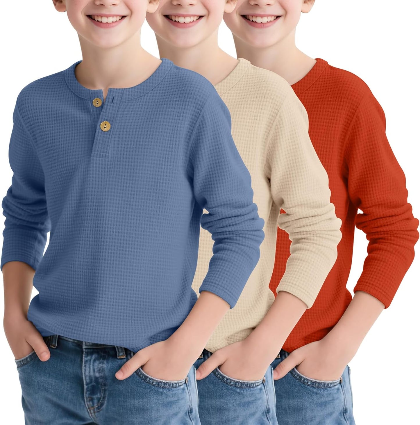 Boy's Henley Long Sleeve Shirts for School - 3 Pack Waffle Tops