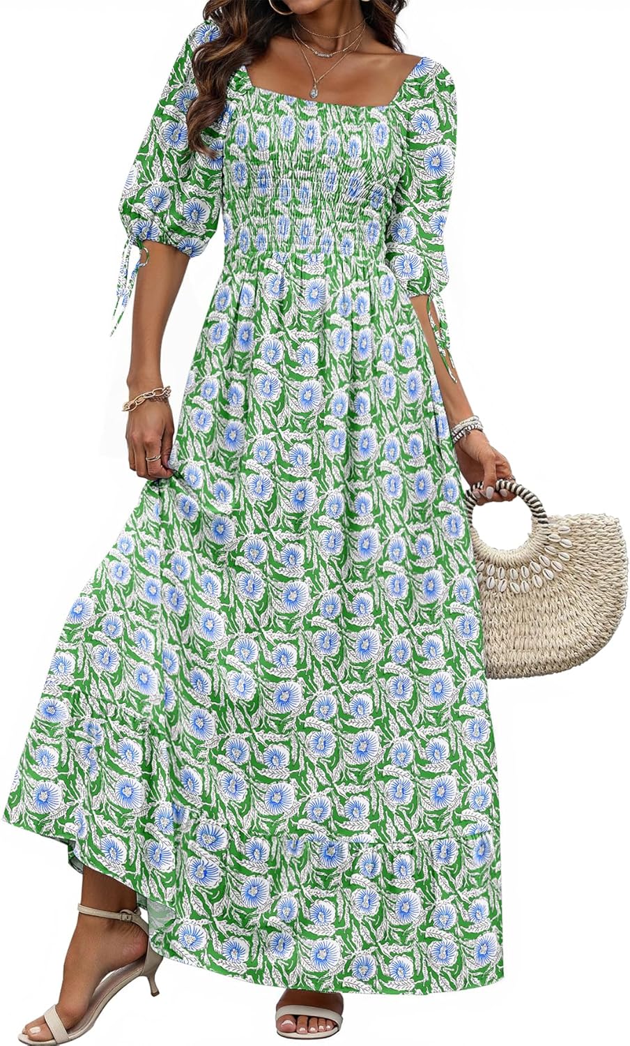 Women Boho Maxi Dresses Summer Puff Sleeve Square Neck Style
