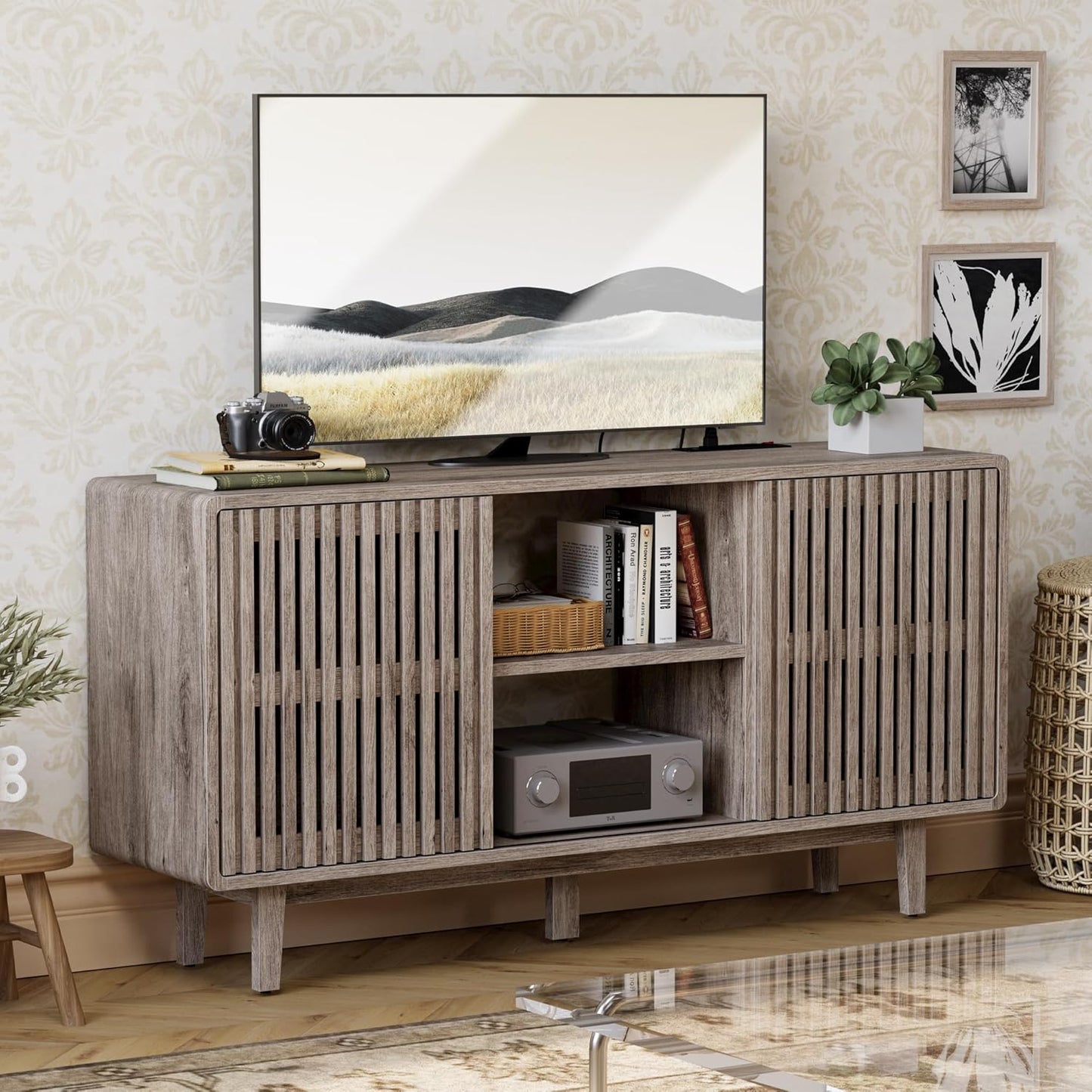 Rustic TV Stand with Power Outlets & Sliding Doors