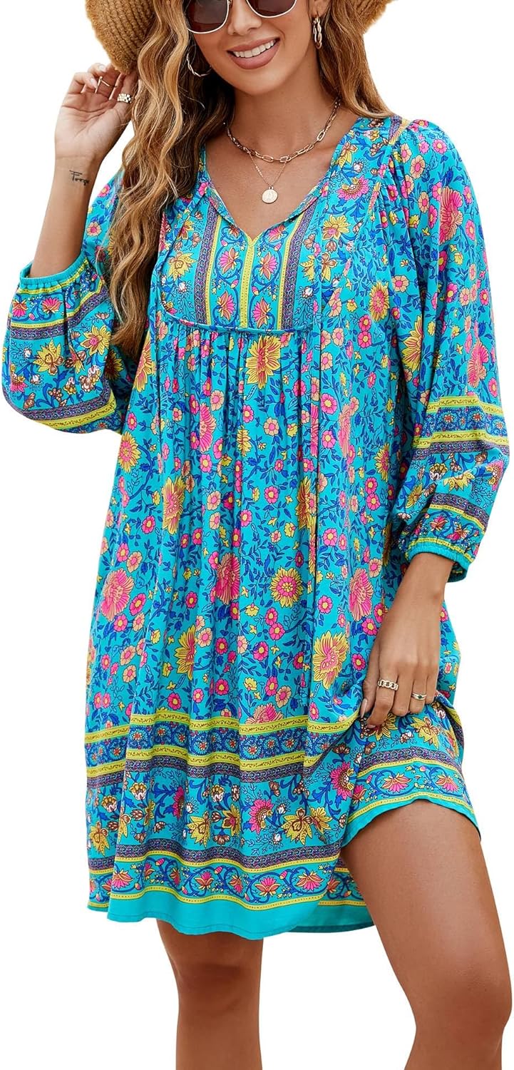 Bluetime Women Casual Summer Dress Boho V Neck Floral Print