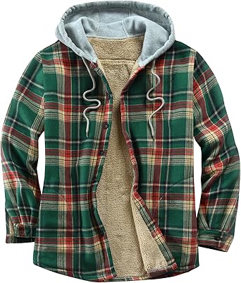 Men's Cotton Plaid Shirts Jacket with Fleece Lining for Comfort