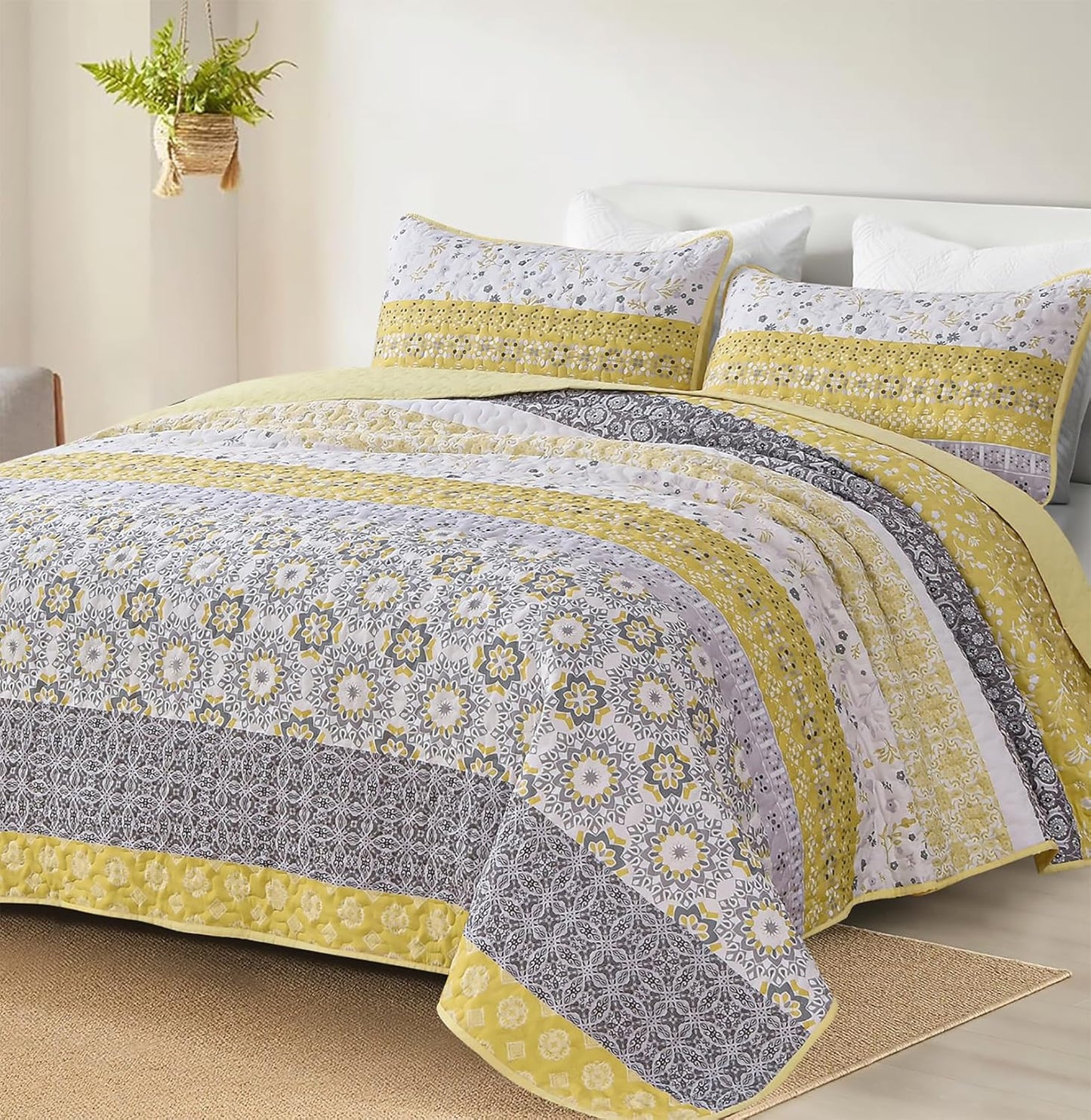 Boho Quilt Set Full Size by WONGS BEDDING - Yellow Floral Design