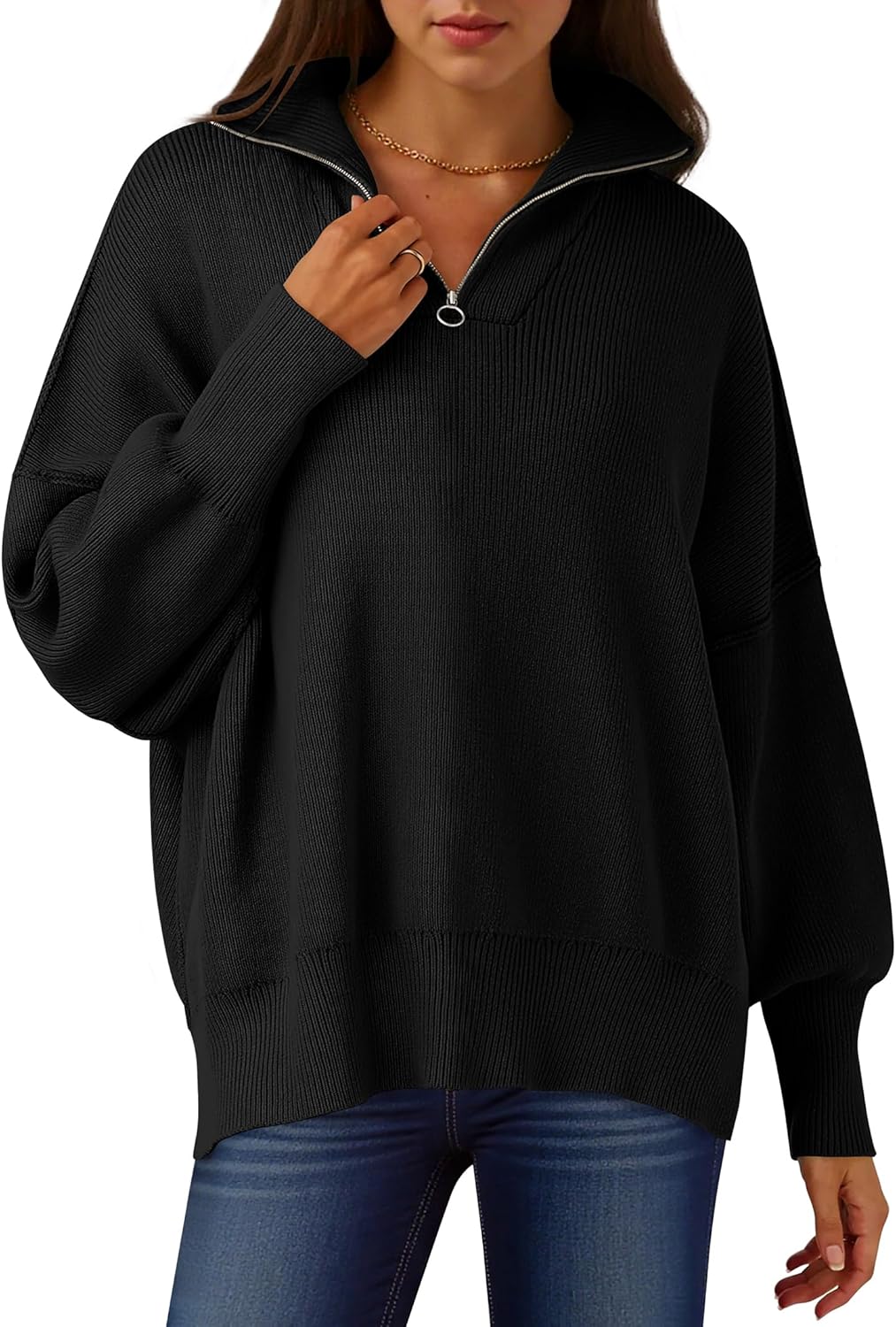 Oversized Fashion Long Sleeve Quarter Zip Sweater for Women