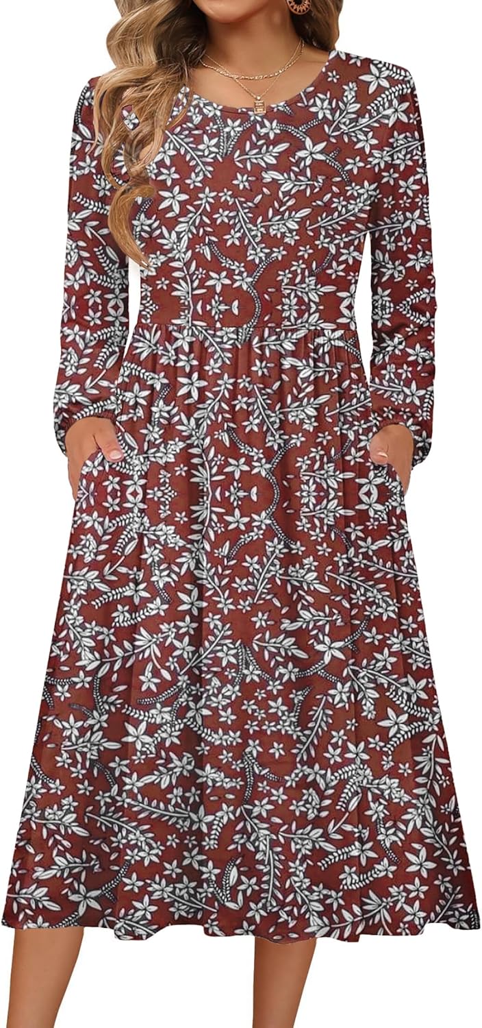Zeagoo Long Sleeve Dresses for Women - Casual Flowy A-Line Midi