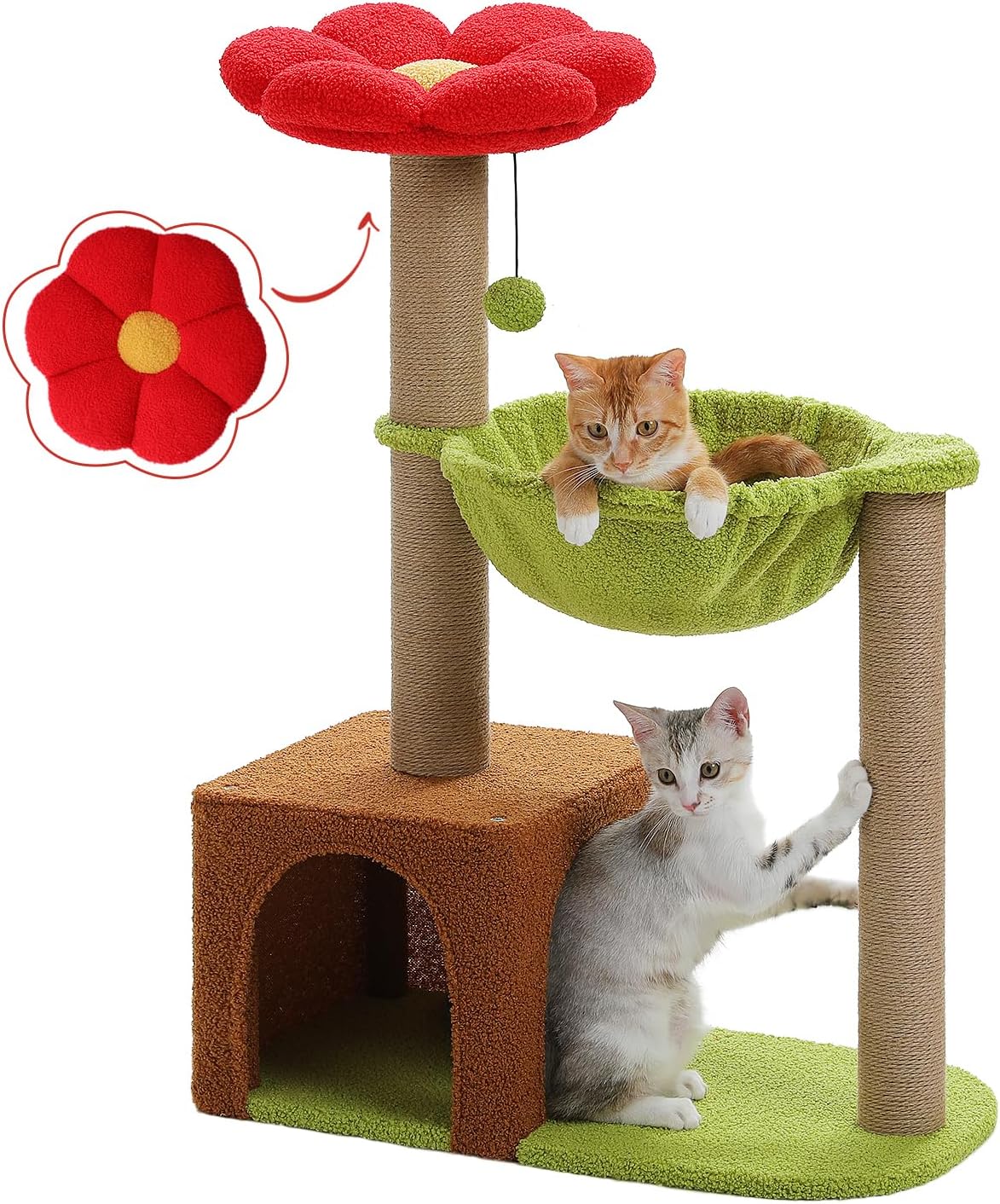 Flower Cat Tree with Large Green Hammock for Small Cats