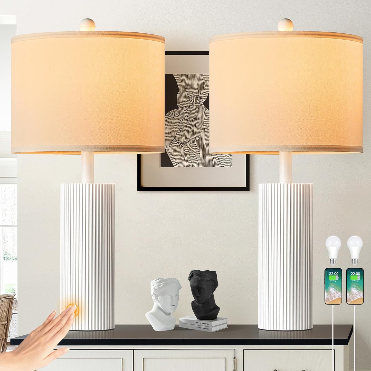 Modern Table Lamps Set of 2 with USB Ports for Living Room