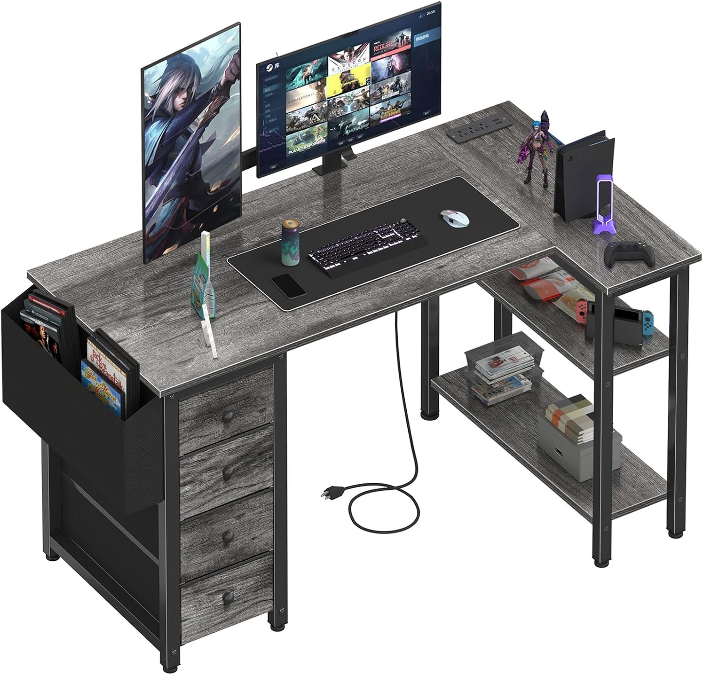 L Shaped Computer Desk with Drawers & Power Outlet for Home Office