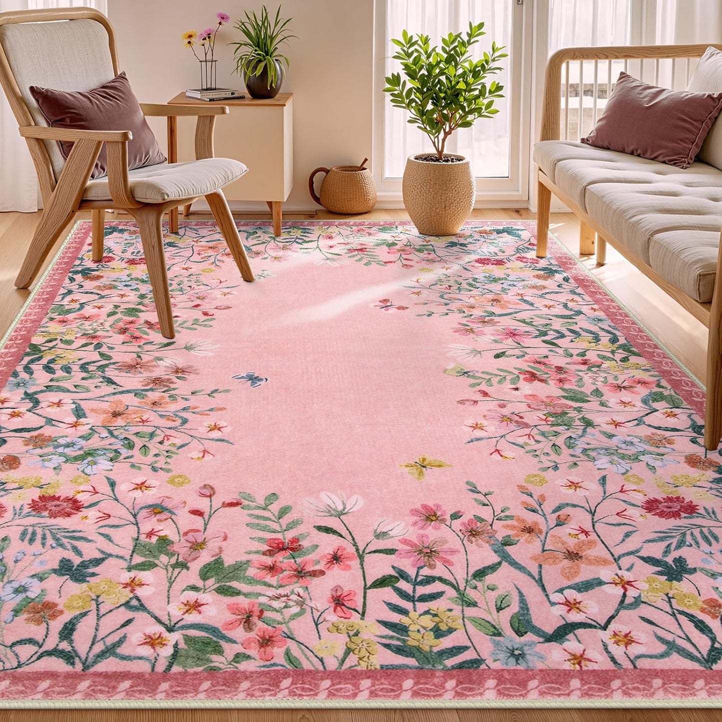 Wonnitar Washable Rug 5x7 Pink Floral Non-Slip Area Rug