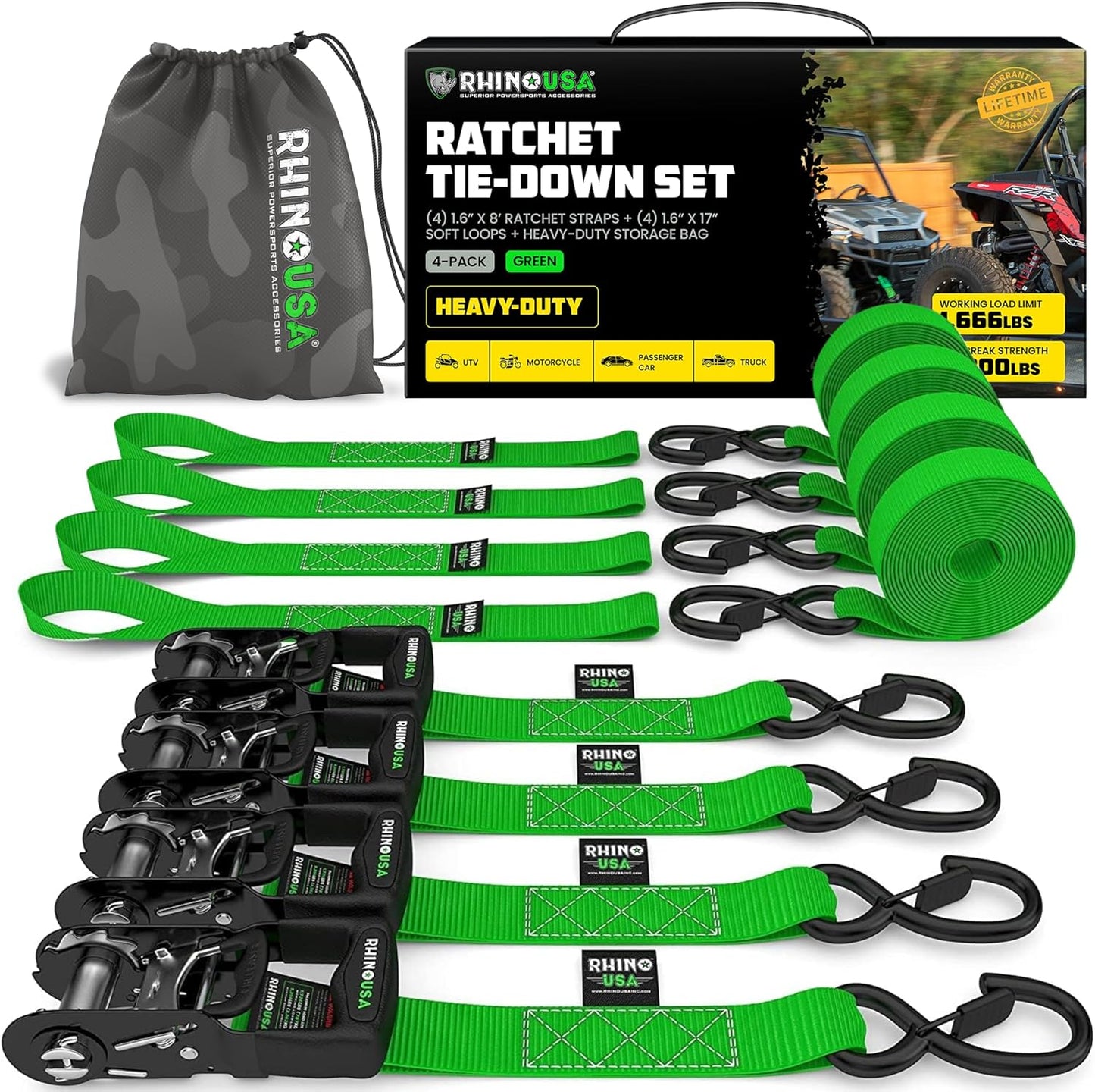 Rhino USA Heavy Duty Ratchet Straps Kit for Secure Cargo Transport