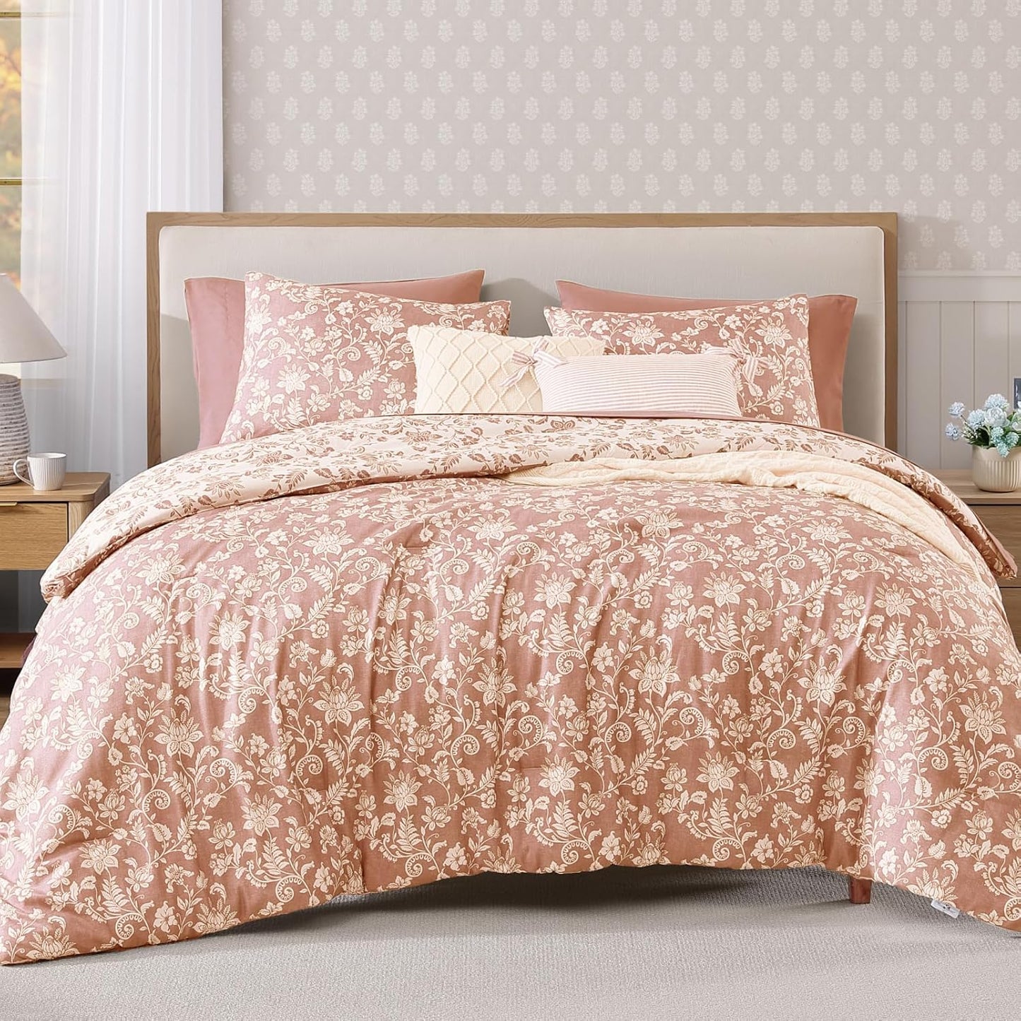 King Comforter Set - 7 Pieces Clay Pink Floral for All Seasons
