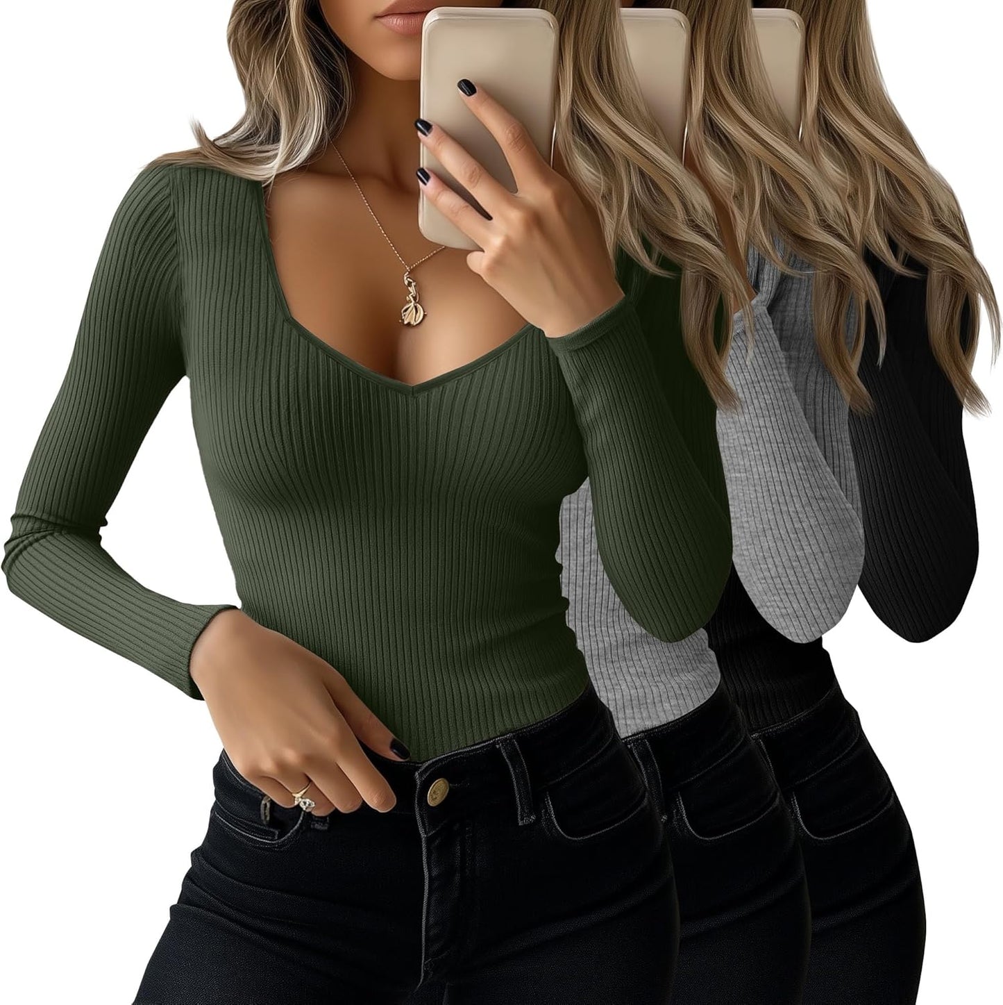 Huukeay 3 Pack Women's Ribbed Long Sleeve Shirts for Fall