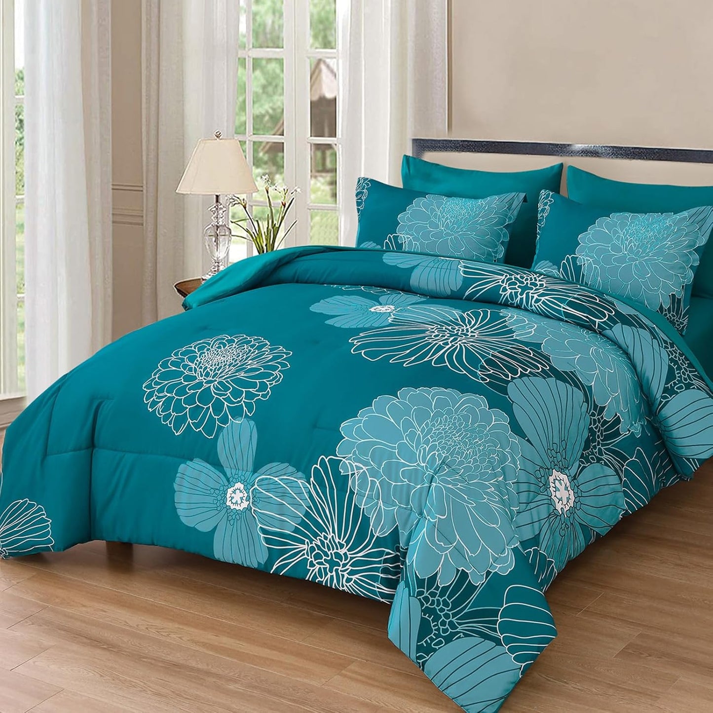 Yiran Teal Floral Comforter Set King 7 Pieces Bed in a Bag