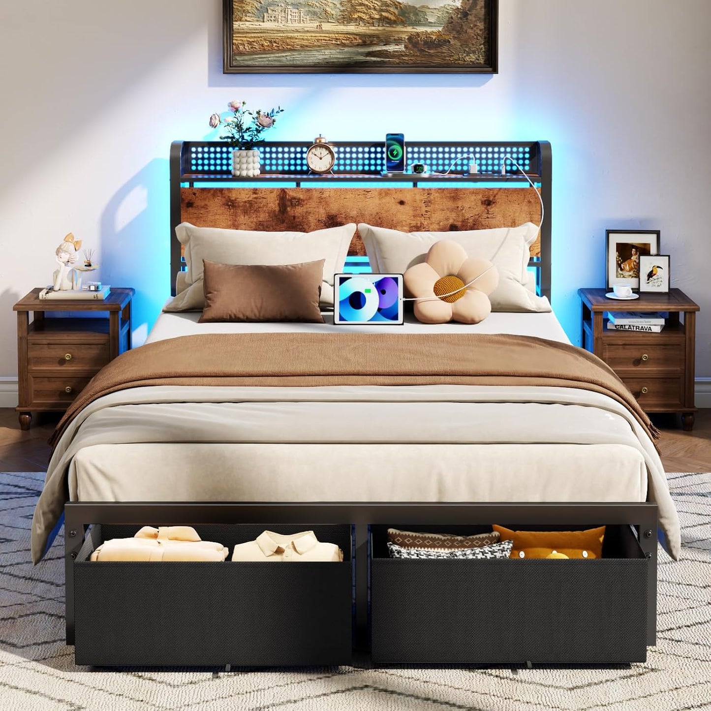 Furnulem Full Size Bed Frame with Storage and LED Lights
