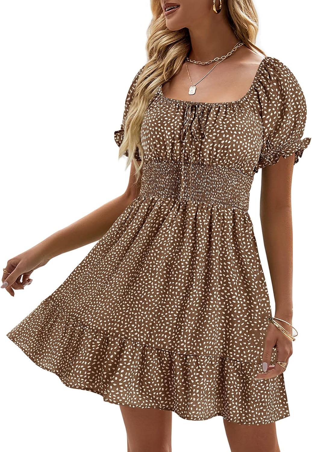 Heysolo Womens Boho Floral Smocked Square Neck Mini Dress
