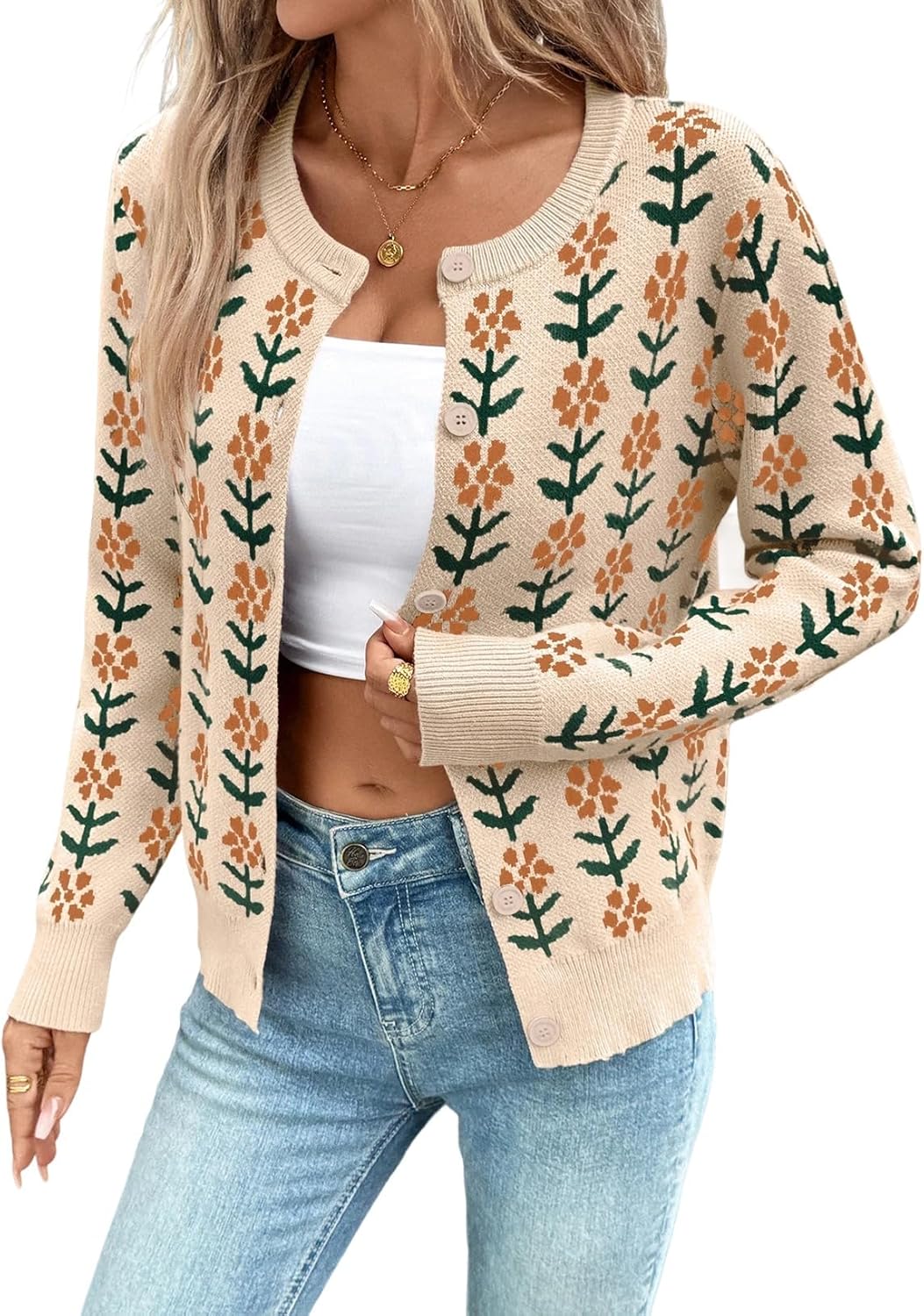 Stylish Button Down Cardigan Sweater for Women with Floral Print