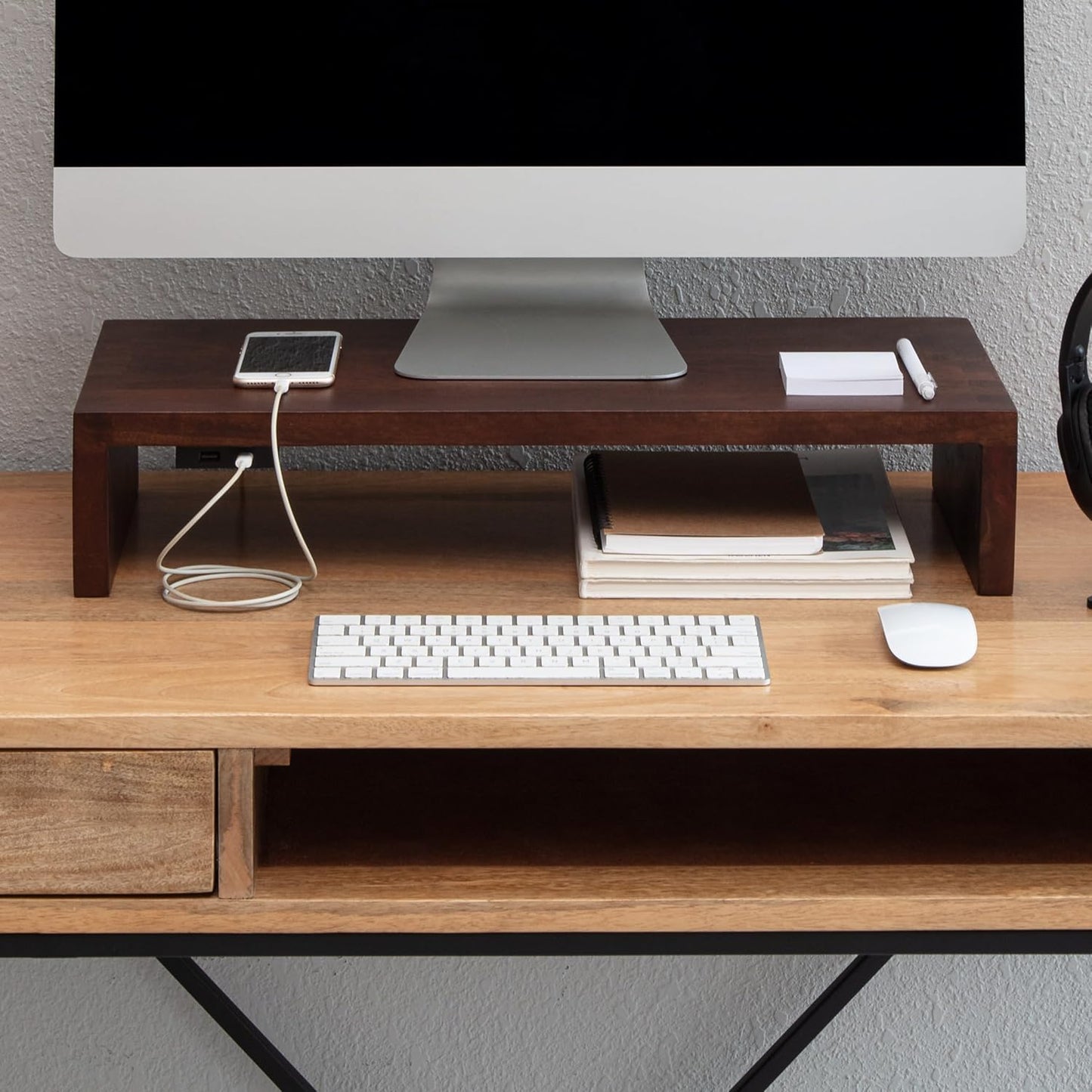 Elegant Wooden Monitor Stand for Desk Organization and Comfort