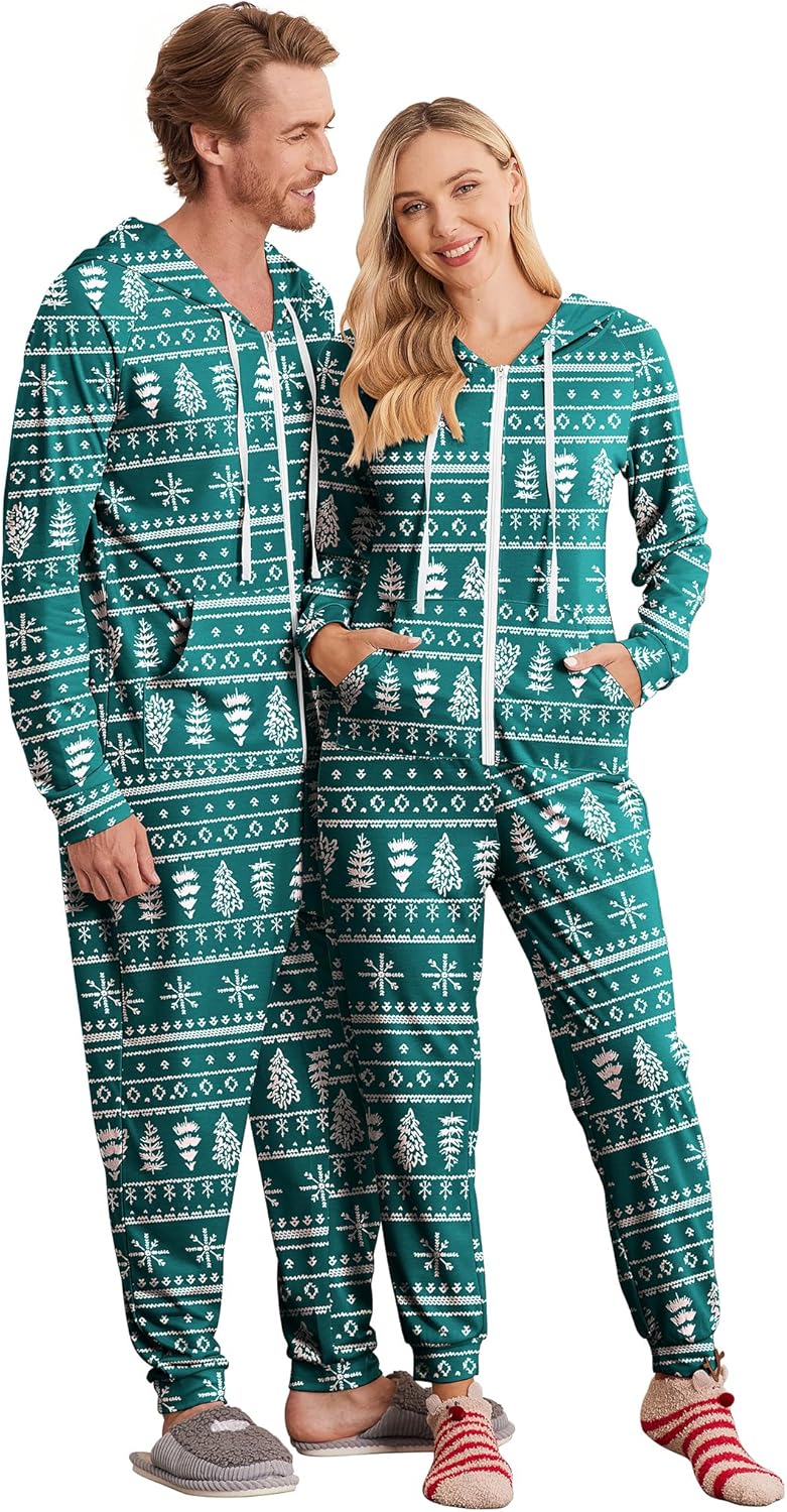 Ekouaer Christmas Onesie for Couples with Pockets and Hood