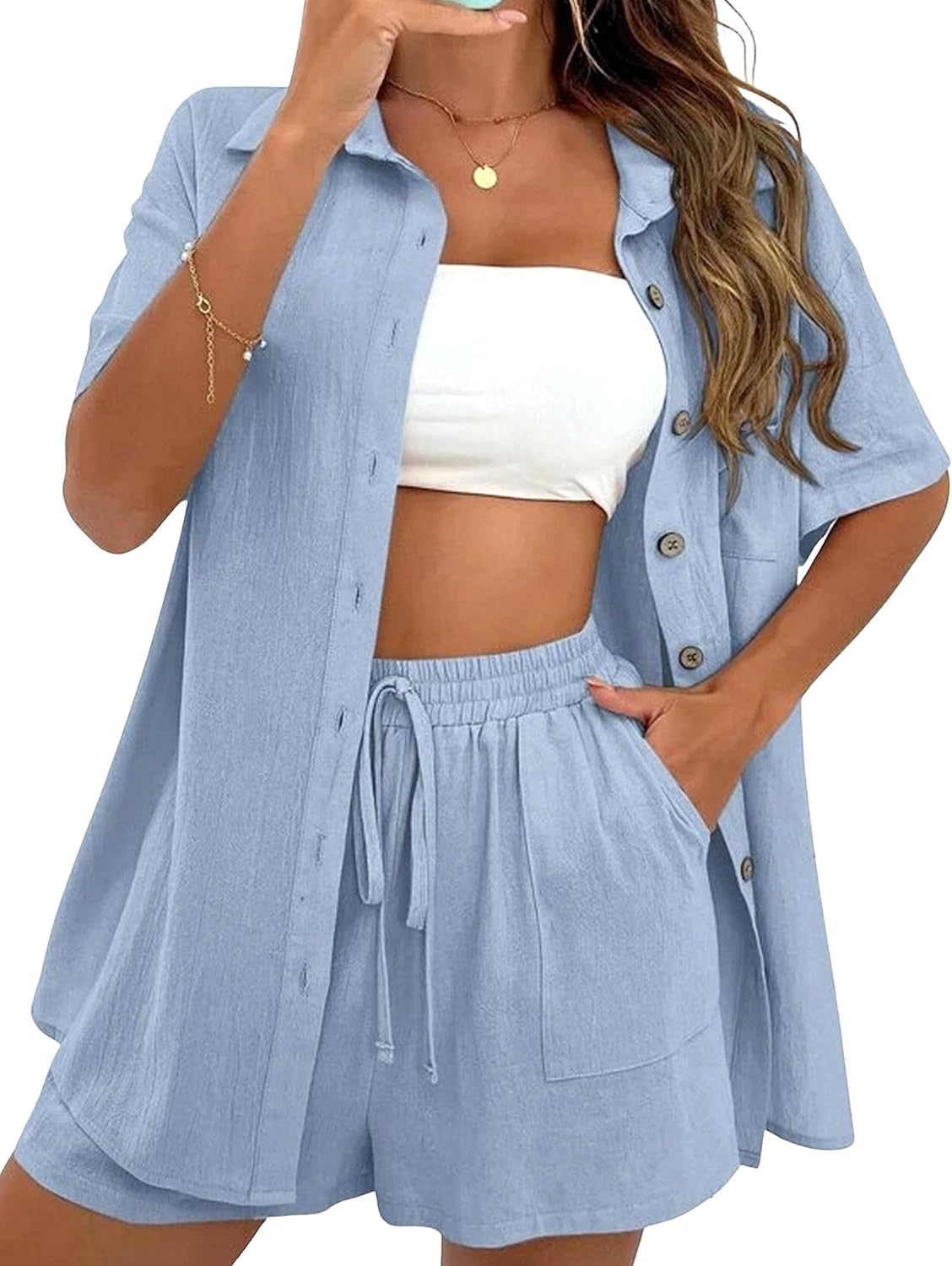 APAFES Women Summer Cotton Linen Short Sets for Beach Fun