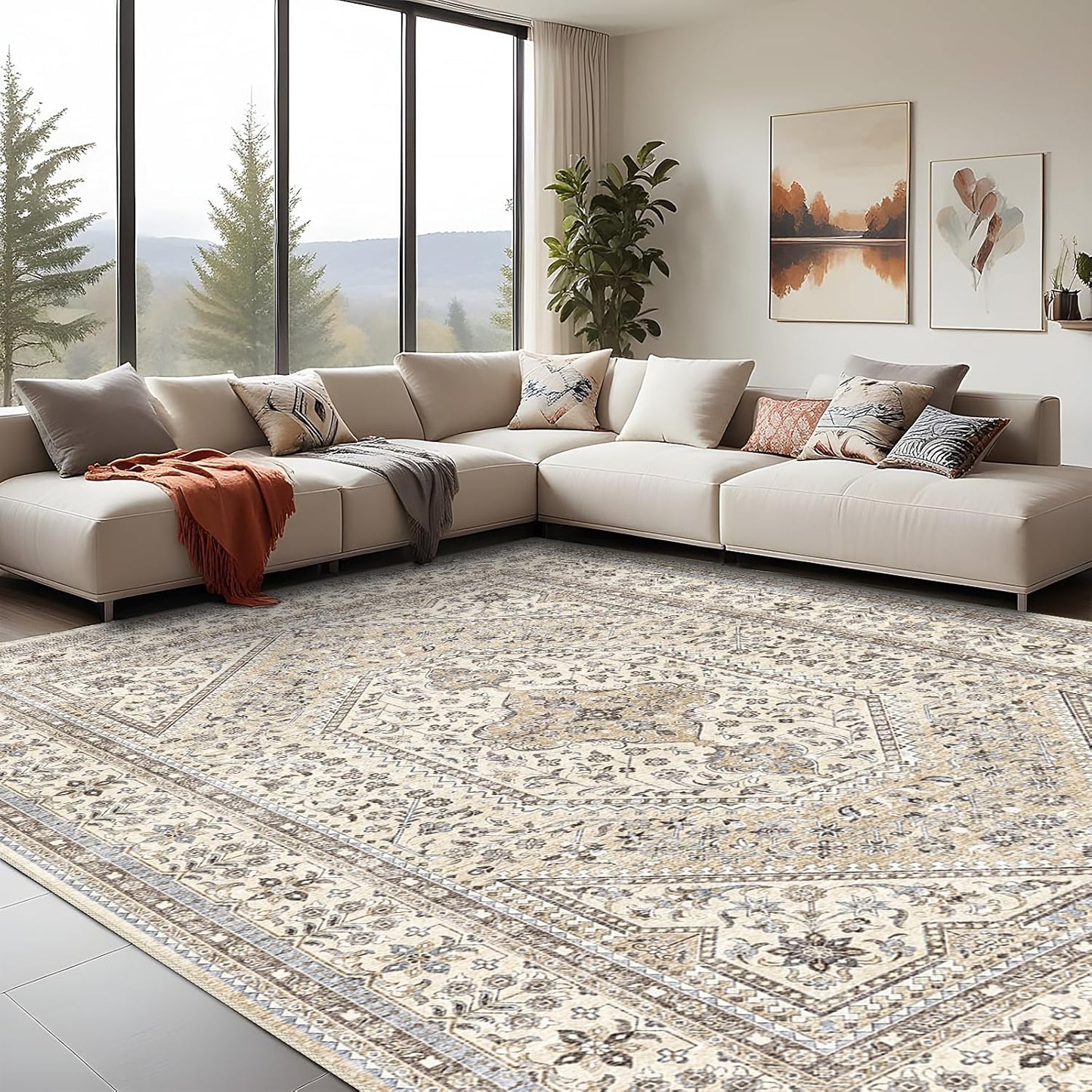 10x14 Washable Vintage Rug for Living Room and Bedroom Decor