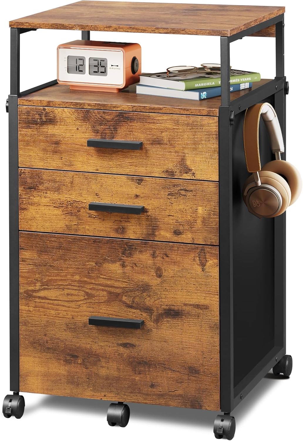 DEVAISE Rolling File Cabinet, Adjustable Shelves, Rustic Brown