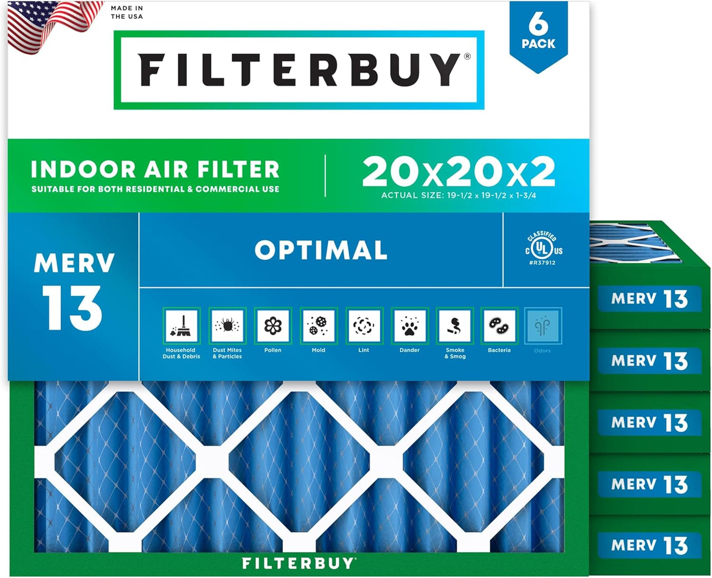 Filterbuy 20x20x2 Air Filter MERV 13 for Smoke & Allergy Defense