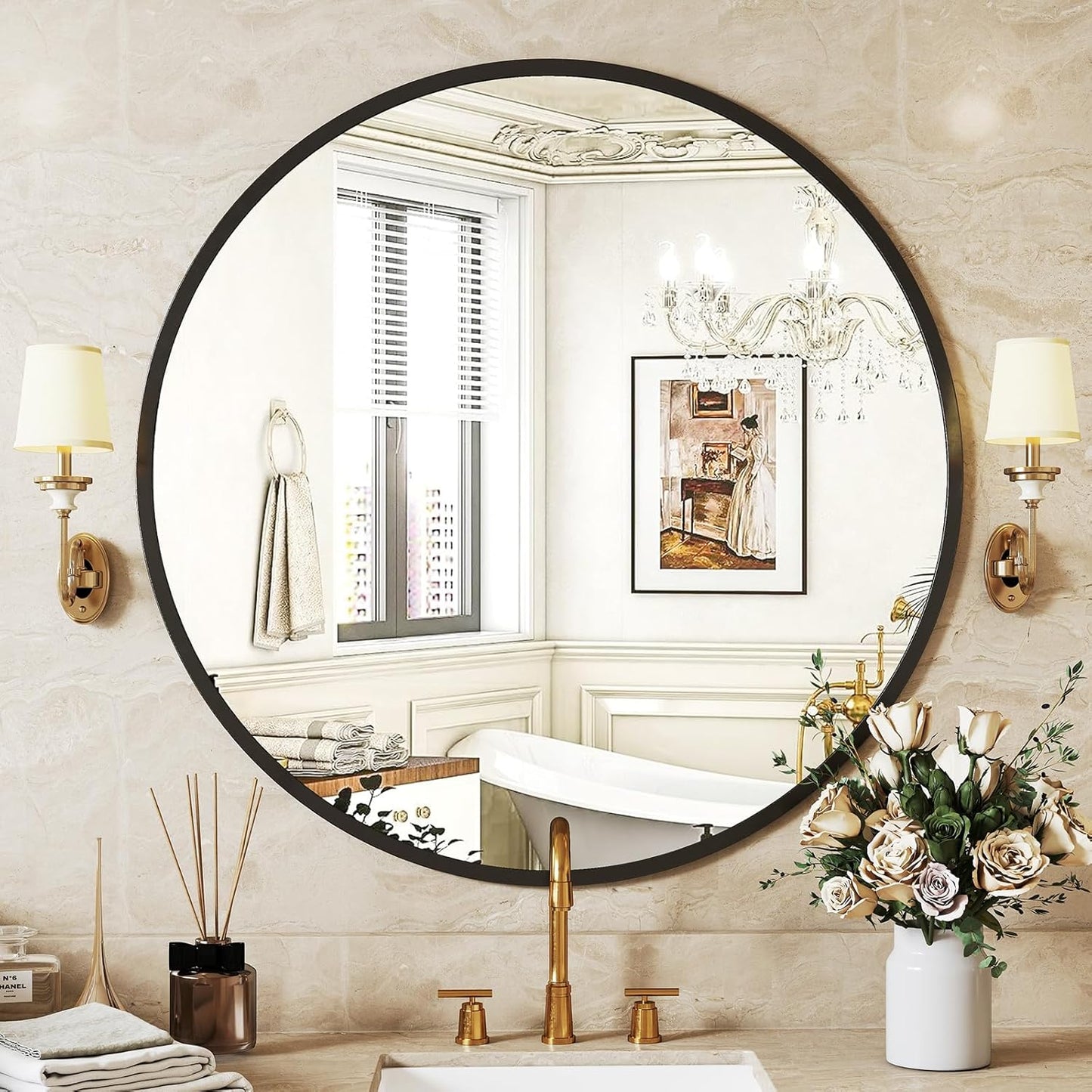 Sweetcrispy 24 Inch Black Round Wall Mirror for Bathroom Use