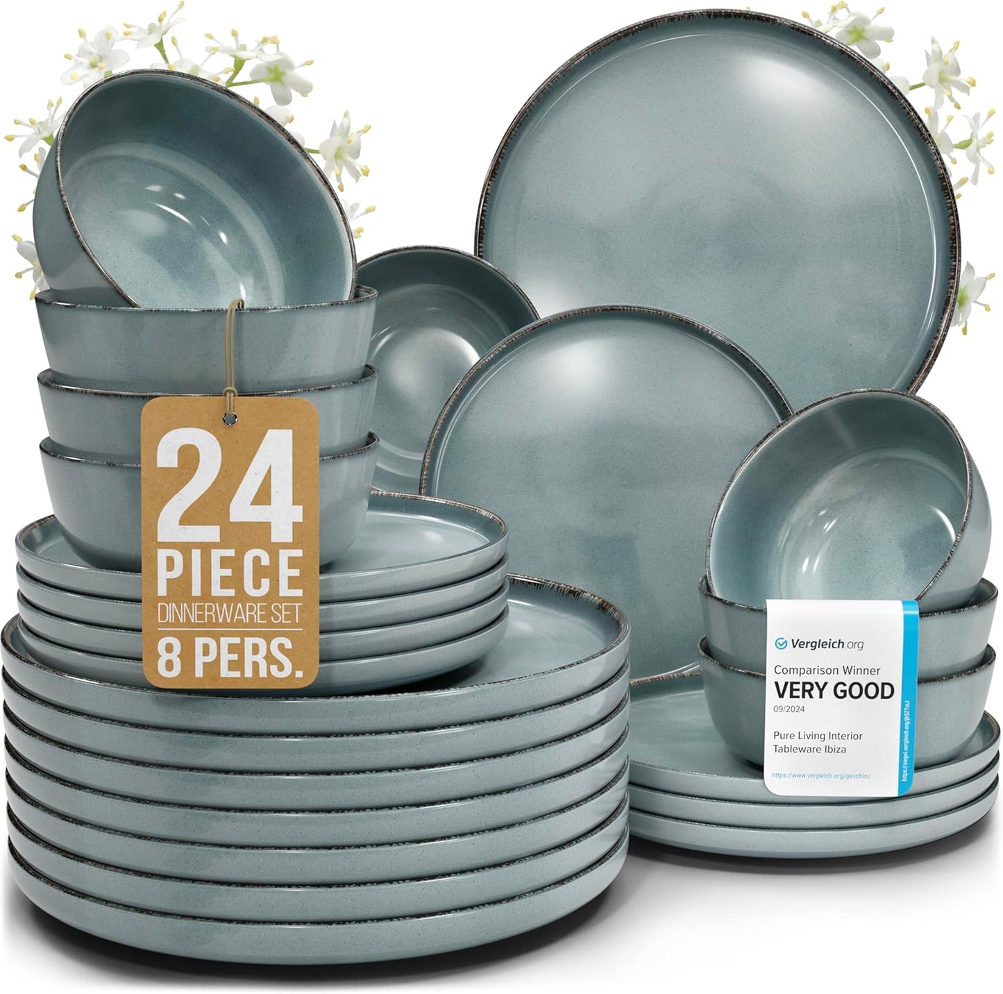 Rustic Stoneware Dinnerware Set for 8 - 24 Pieces in Smoky Blue