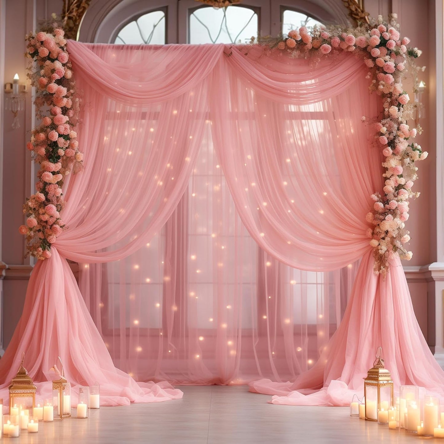 Dusty Rose Tulle Backdrop Curtain with Lights for Events