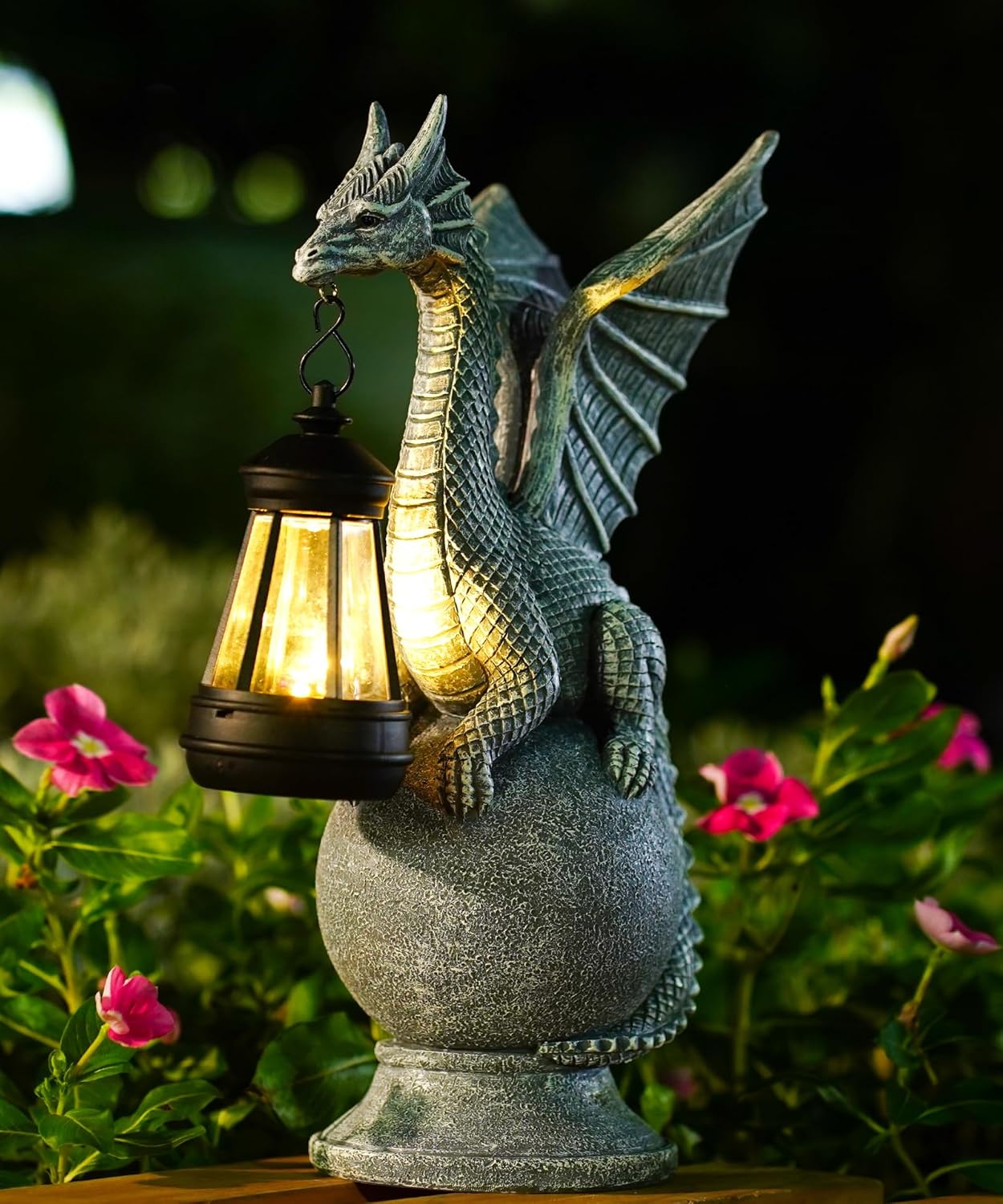 Qeeman Dragon on Ball Solar Lantern Statue for Garden Decor