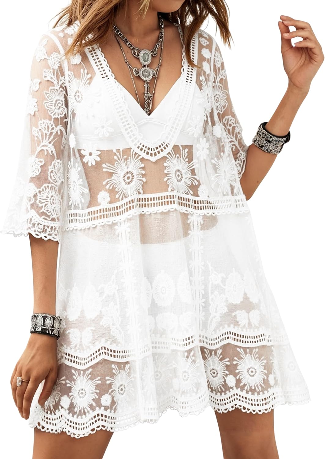 Eomenie Women's Contrast Lace Bathing Suit Cover Up for Summer