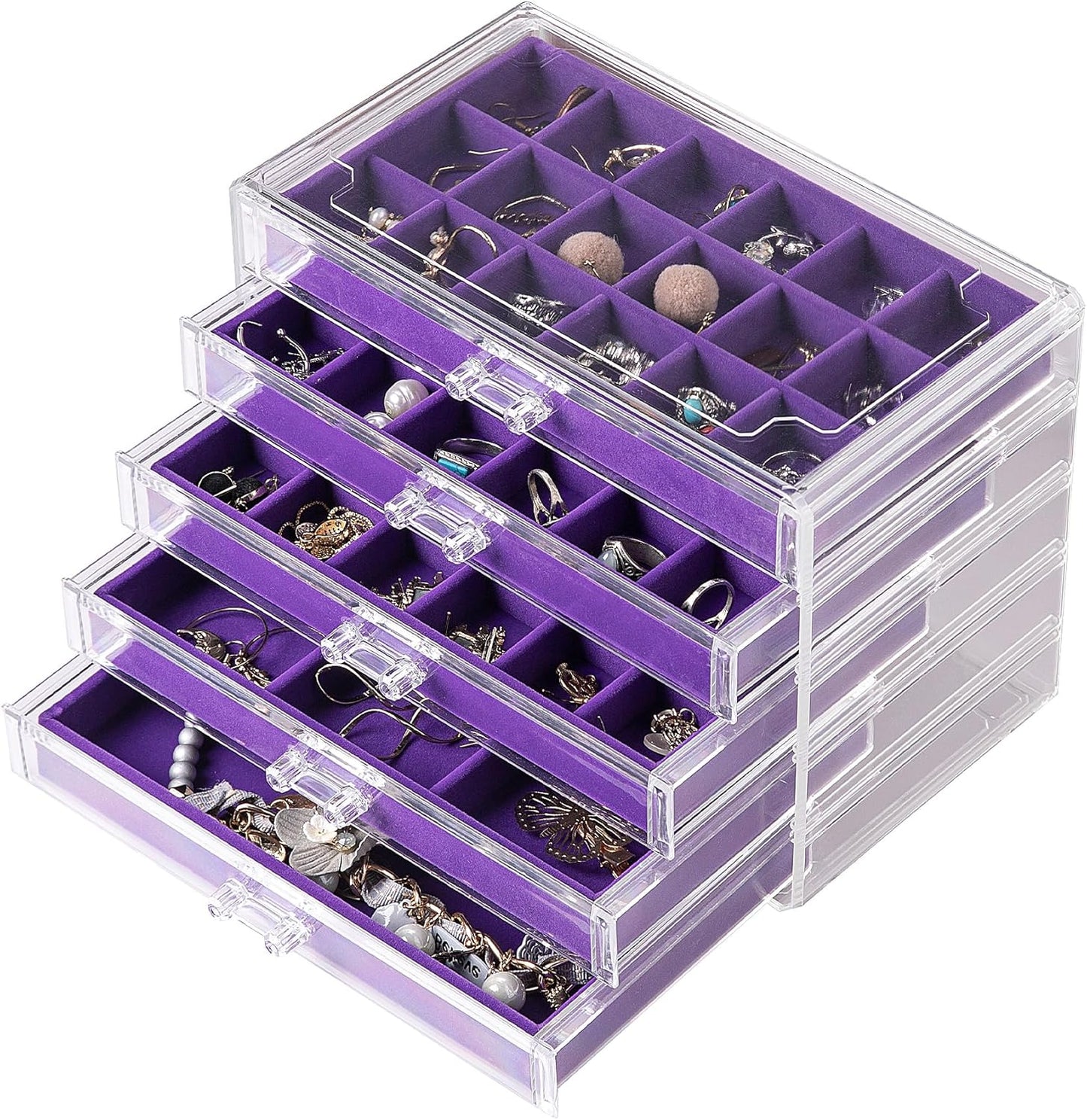 Frebeauty Acrylic Jewelry Organizer Box with 5 Drawers for Women