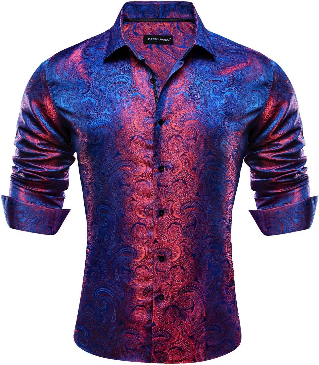 Barry.Wang Men Dress Shirts Paisley 70s Disco Silk Tops