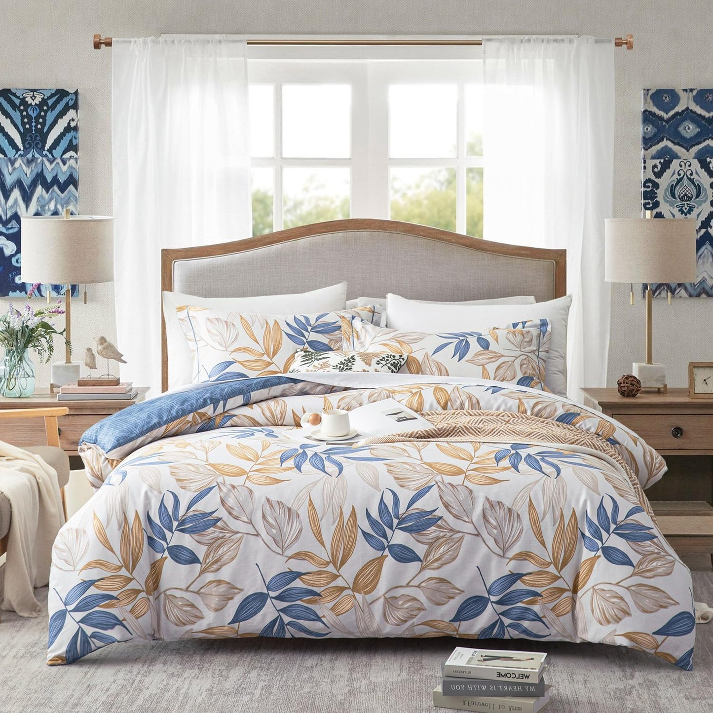 Blue Botanical Cotton Comforter Queen Size Set for Cozy Nights