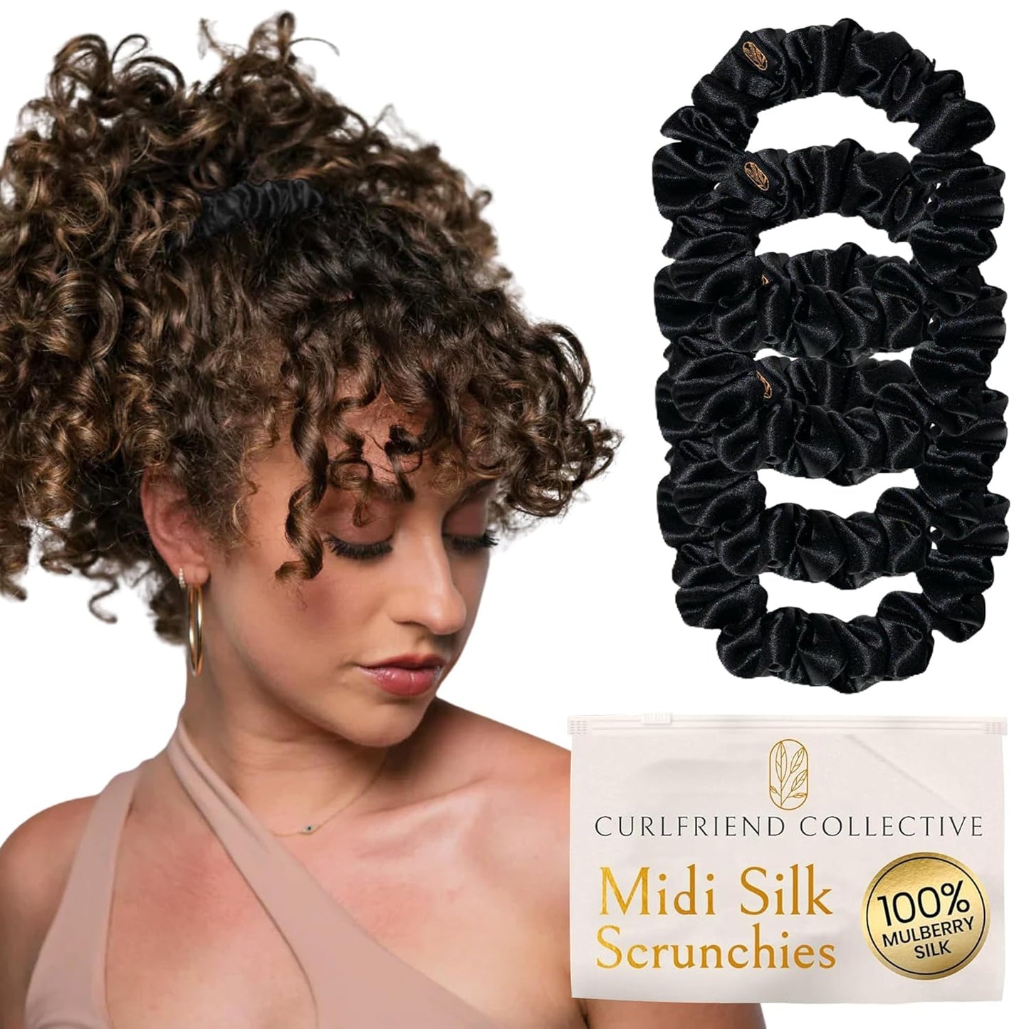 Onyx Midi Curly Hair Silk Scrunchies for Women - Pack of 4