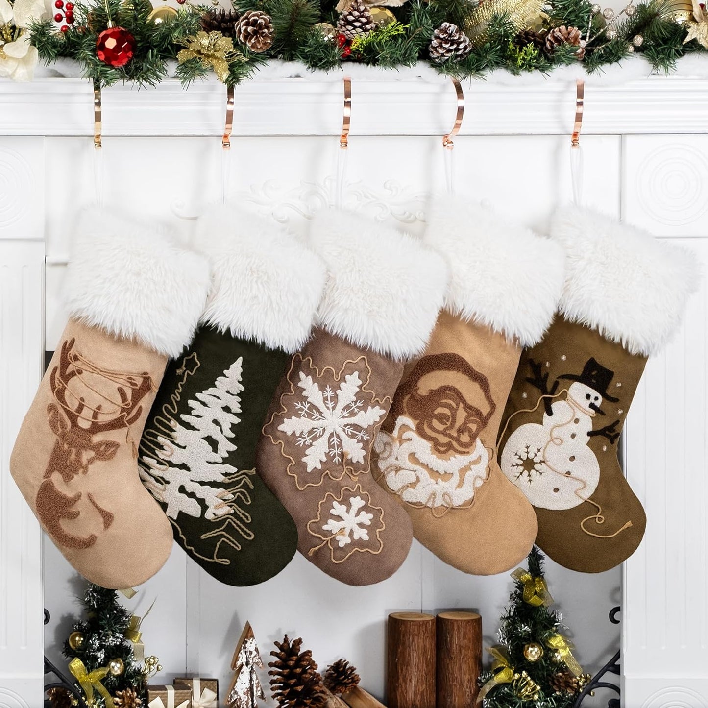 GEX Christmas Stockings 5 Pack for Family Soft Suede Design