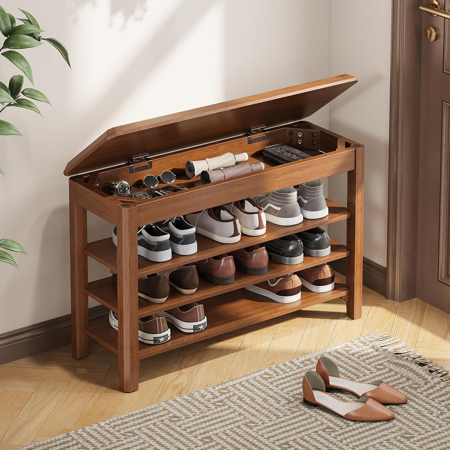 Shoe Rack Bench Seat with 3-Tier Storage for Entryway Style