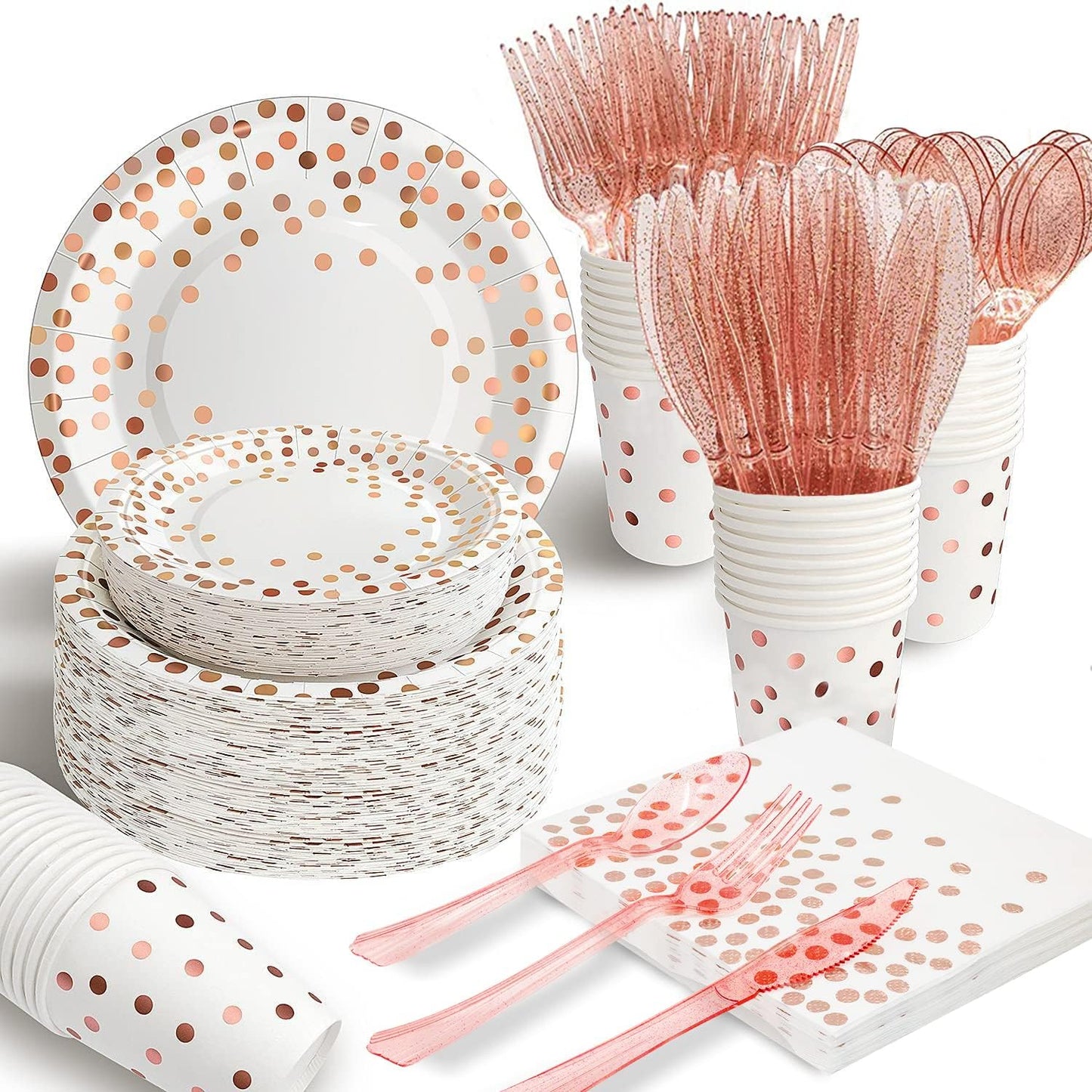 AIRE 350PCS White Rose Gold Paper Plates for 50 Guests