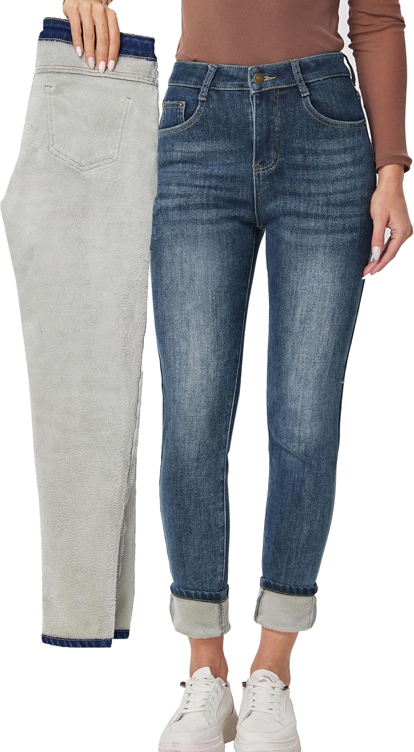 Fleece Lined Winter Jeans for Women - Thermal Thick Denim Pants