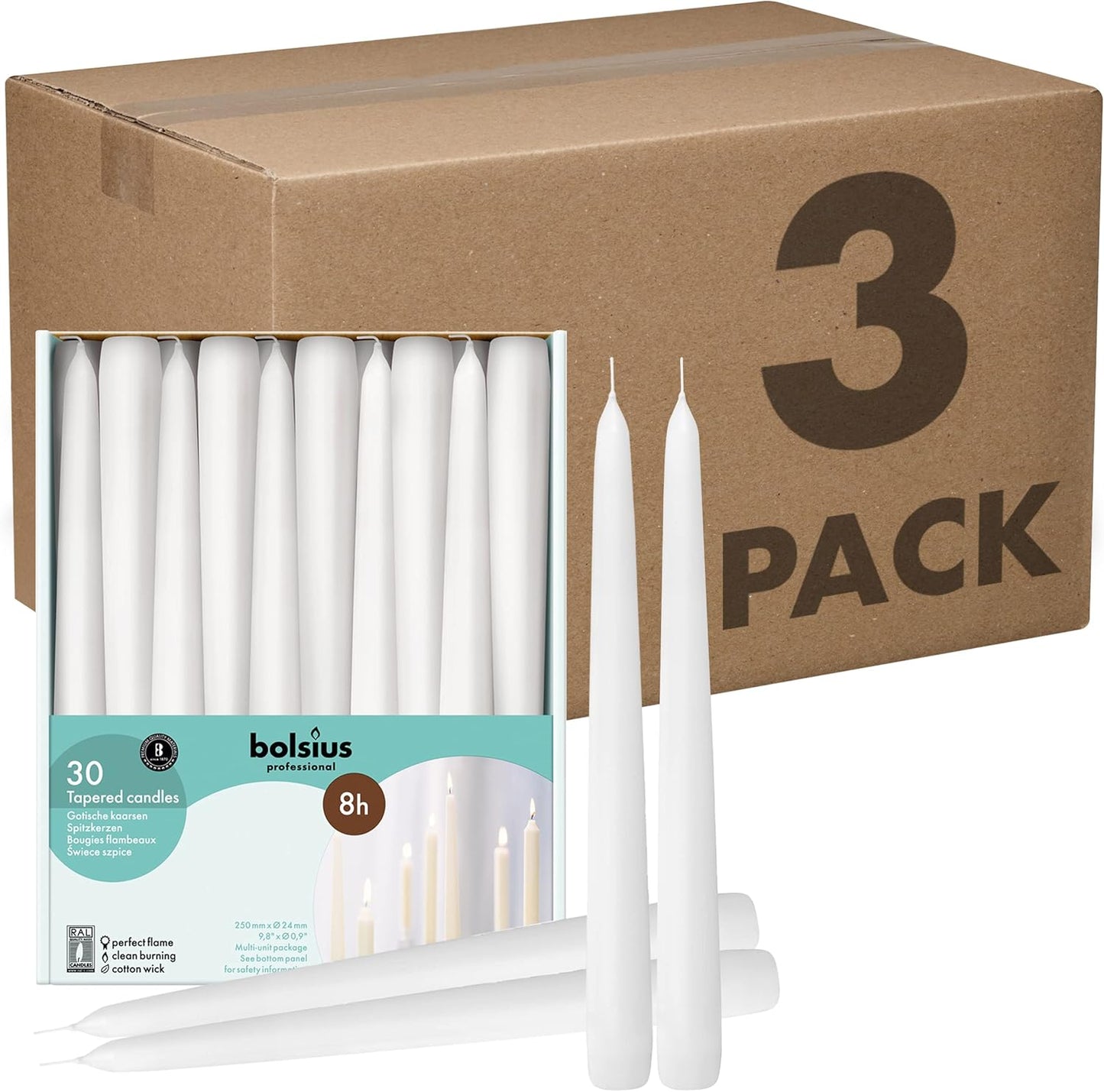 BOLSIUS White Taper Candles - Premium Quality Dripless Set